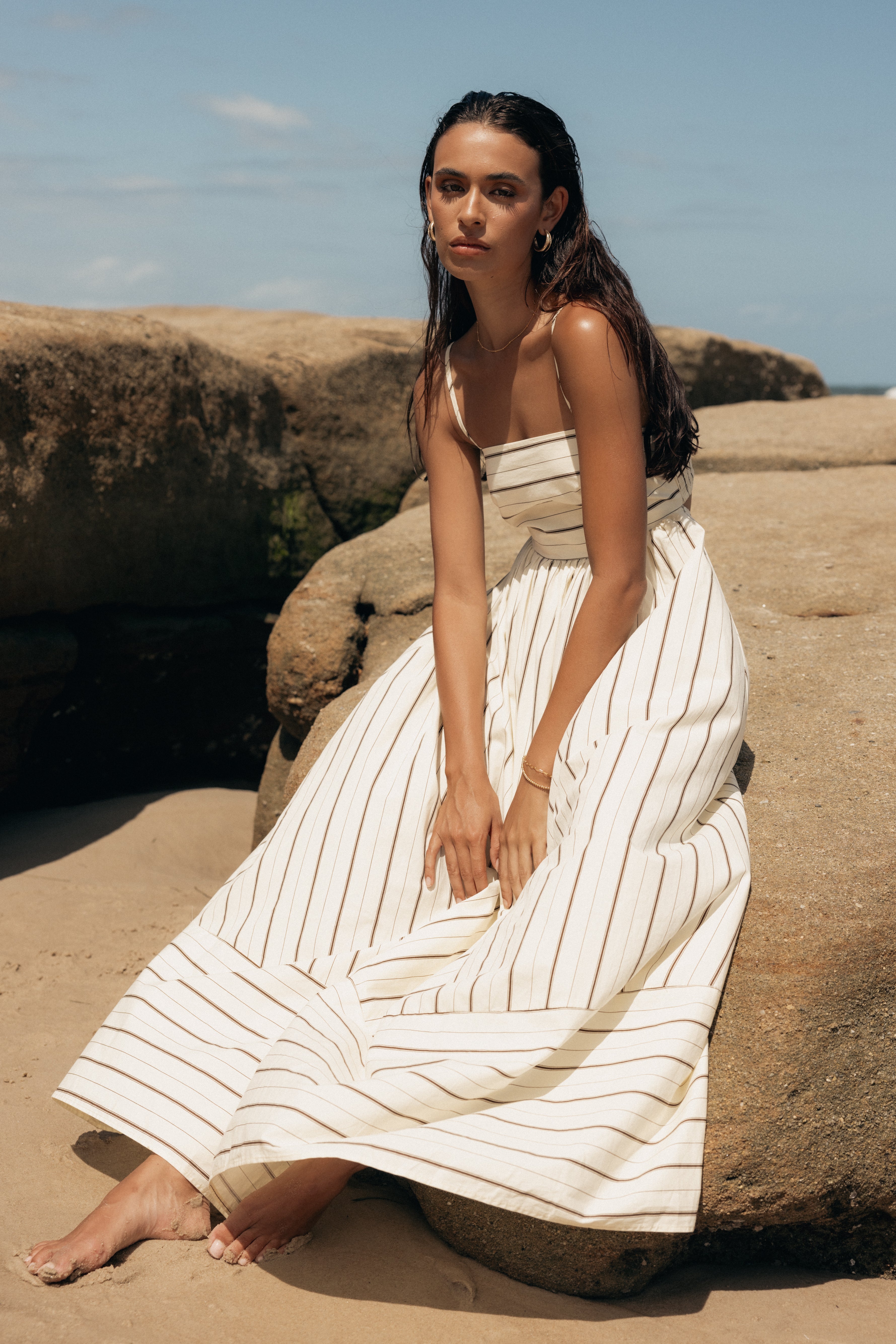 Beige Tan Cotton Maxi Dress with Adjustable Straps & Cut Out Back
