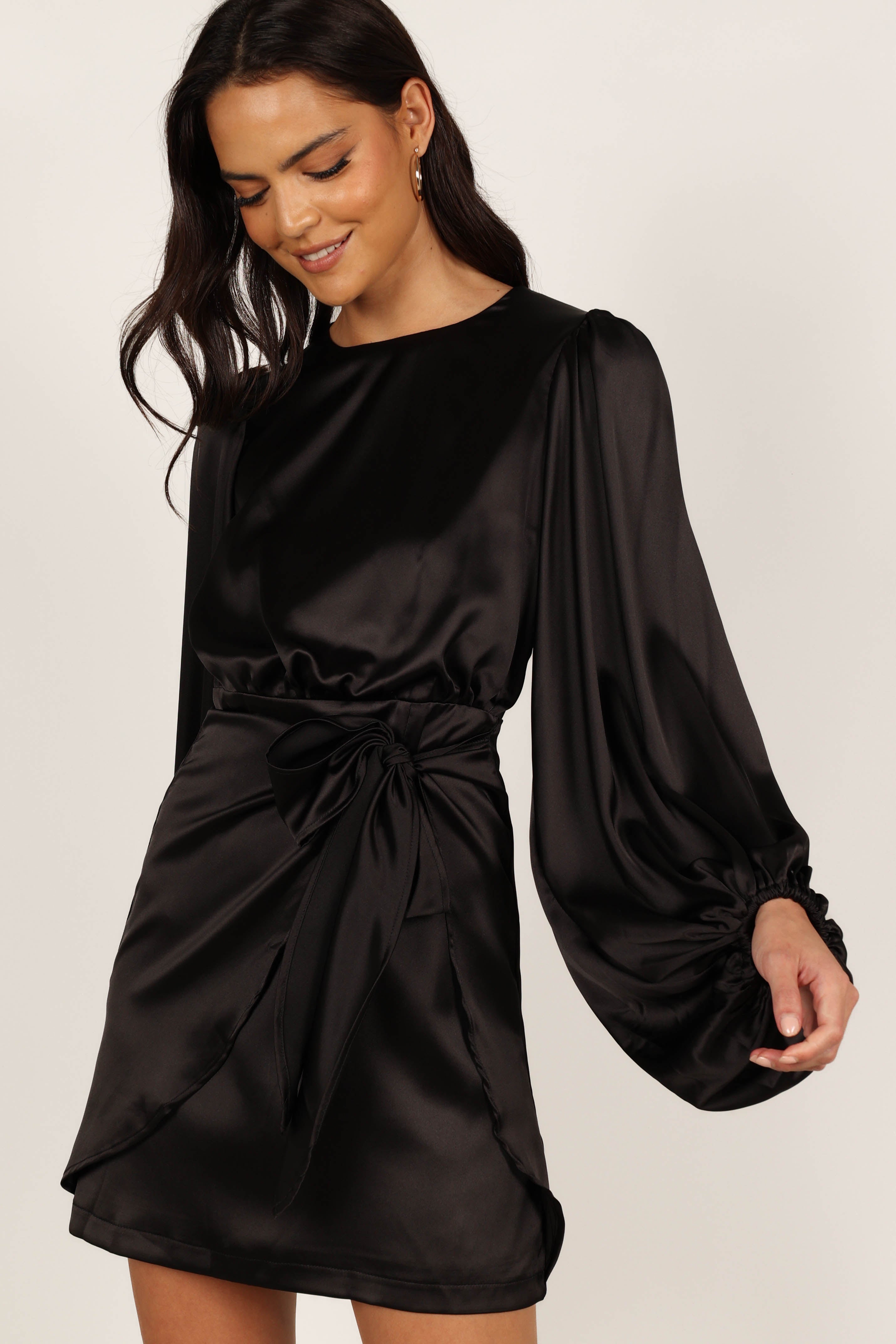 Black Satin Opal Party Dress with Waist Tie - Mini Length
