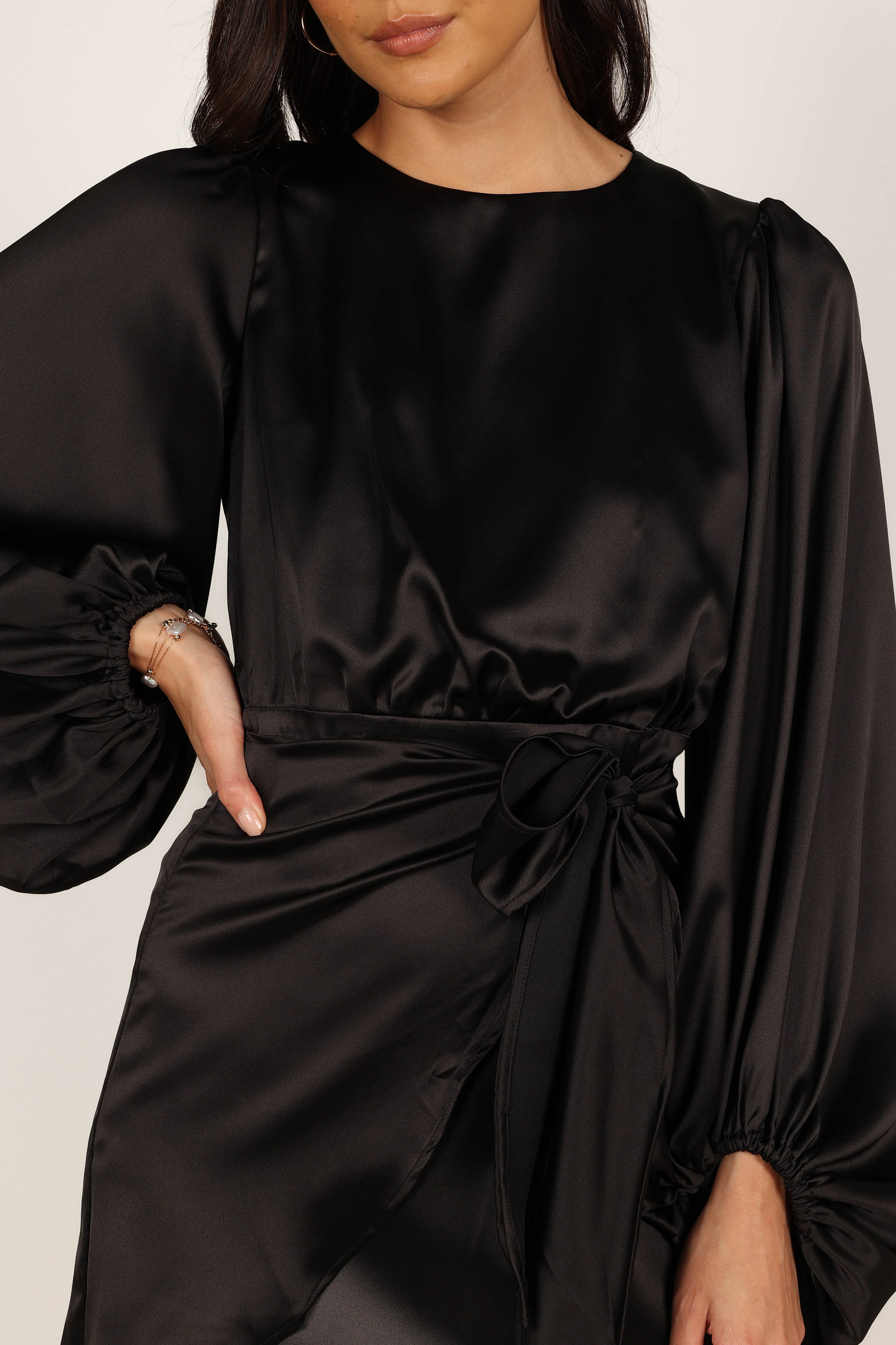 Black Satin Opal Party Dress with Waist Tie - Mini Length