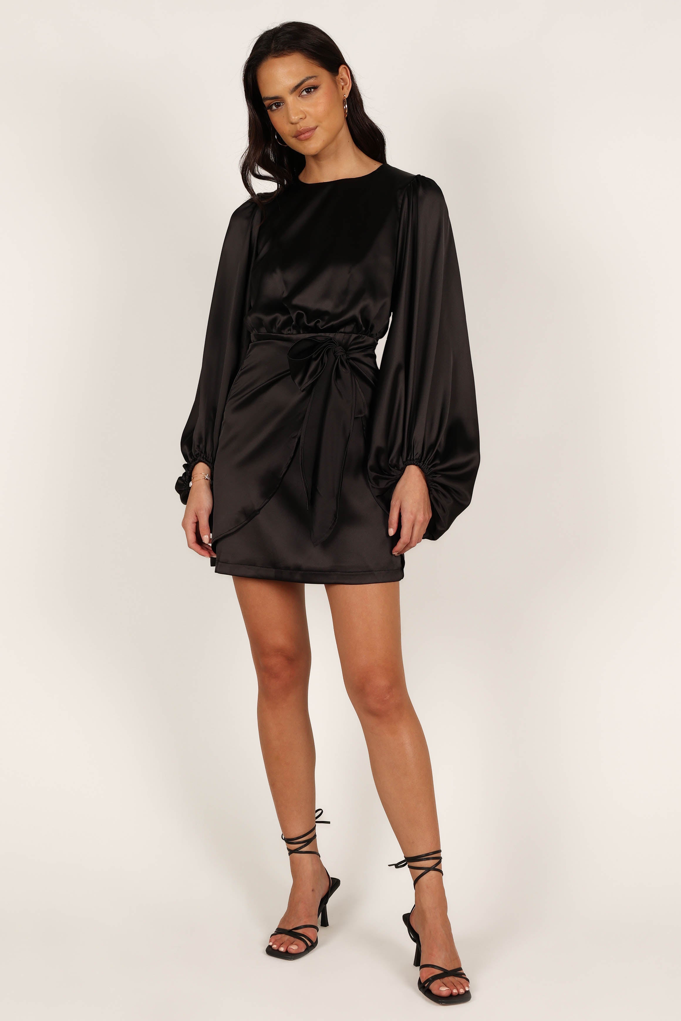 Black Satin Opal Party Dress with Waist Tie - Mini Length