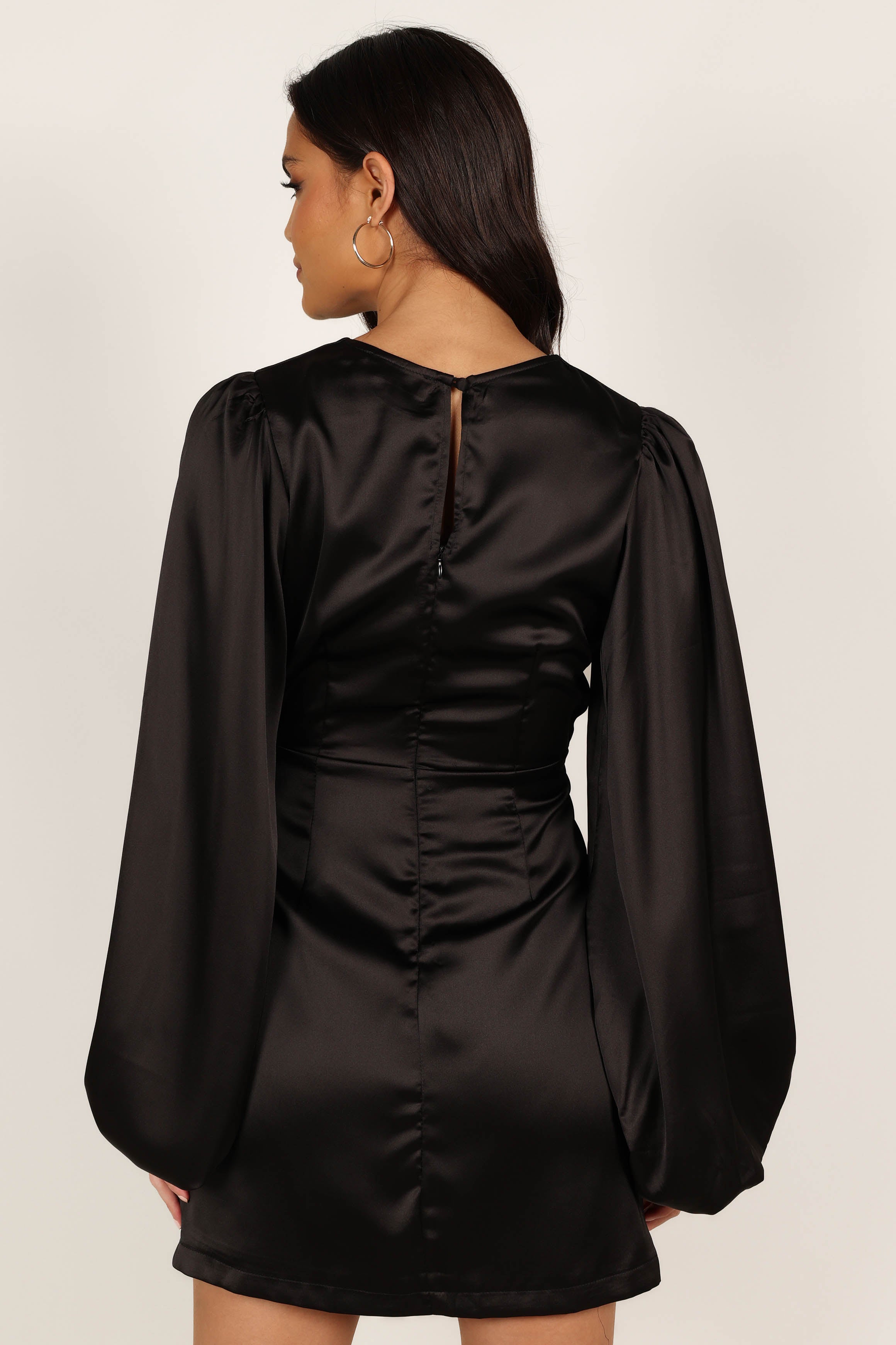 Black Satin Opal Party Dress with Waist Tie - Mini Length