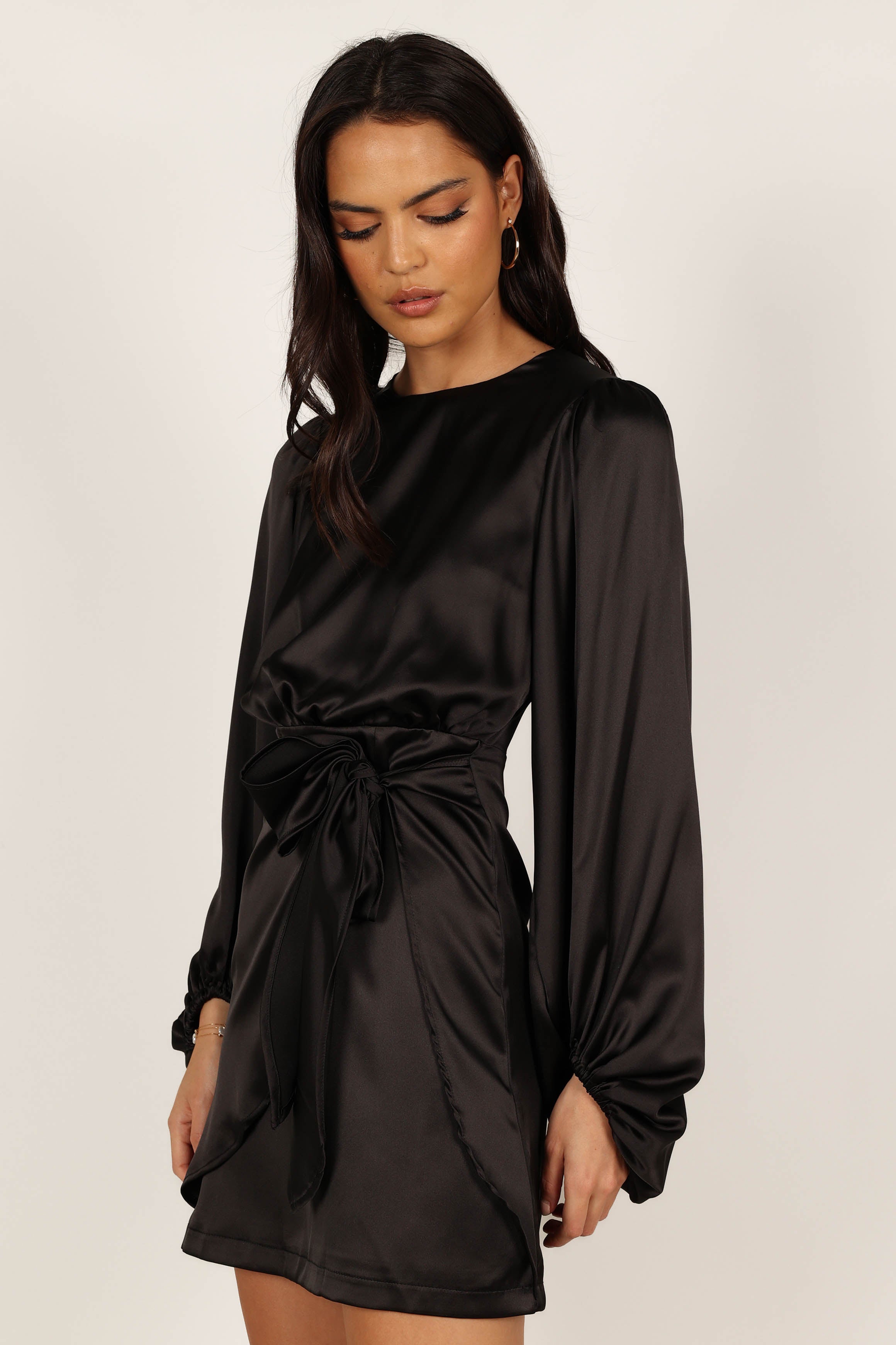 Black Satin Opal Party Dress with Waist Tie - Mini Length