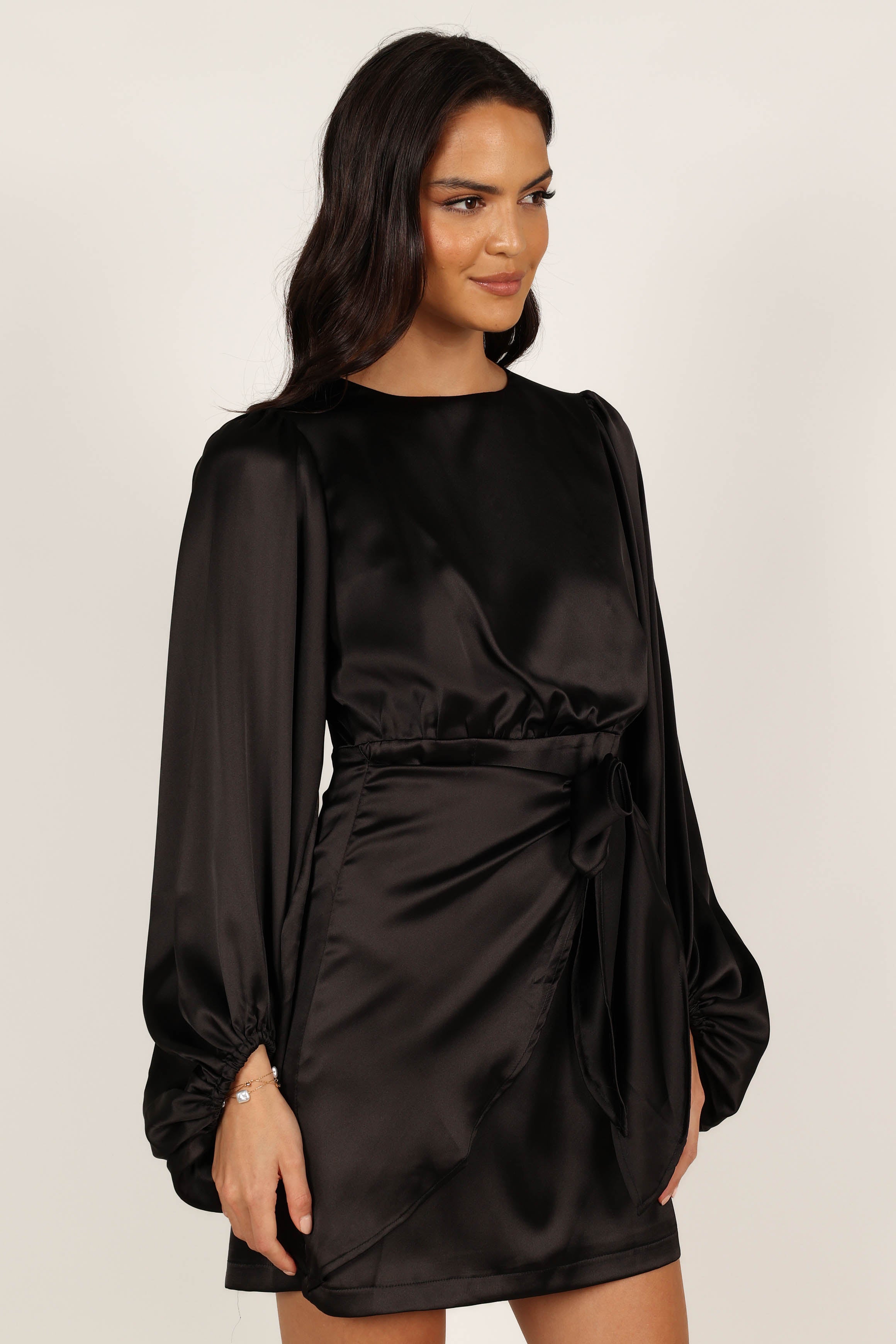 Black Satin Opal Party Dress with Waist Tie - Mini Length