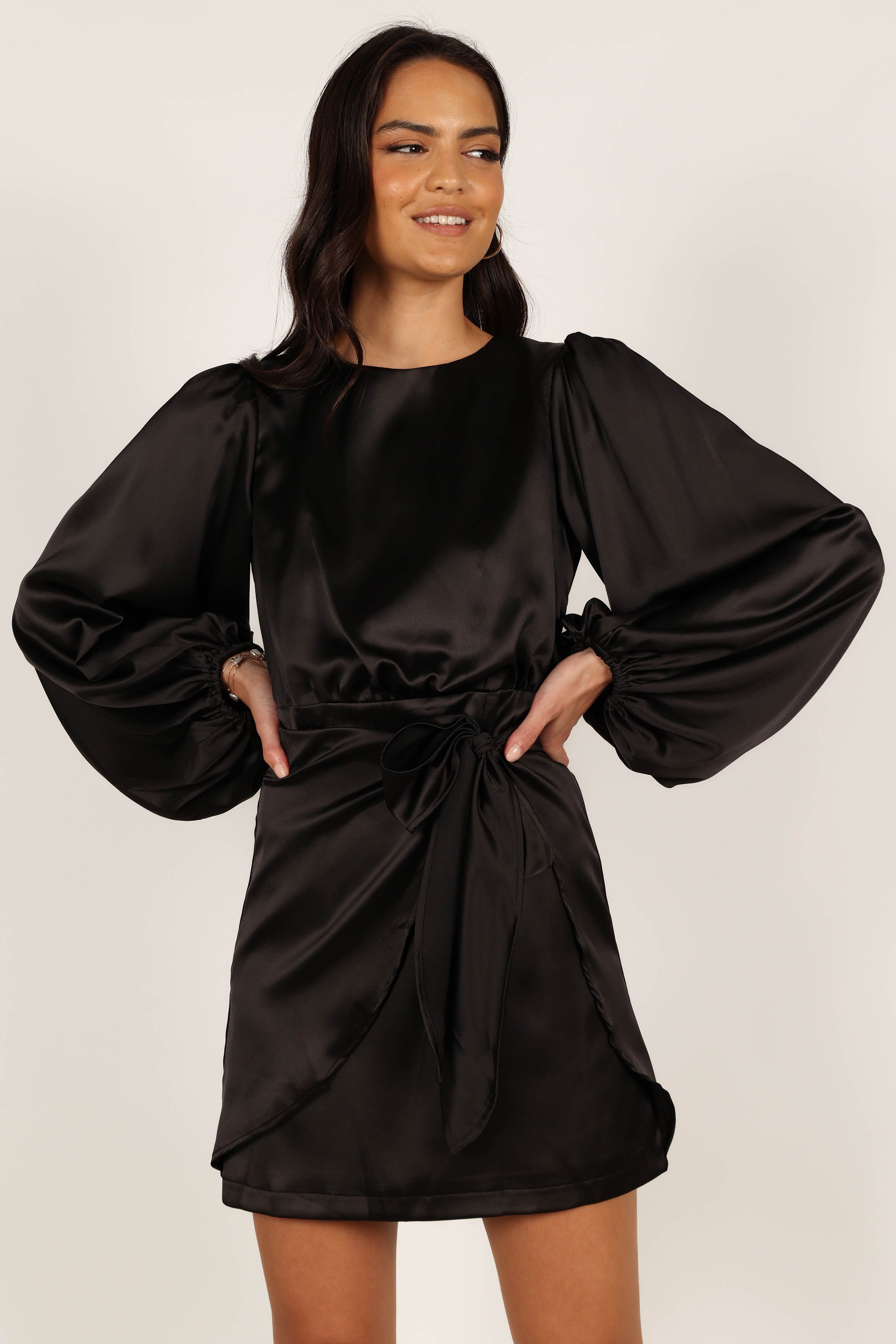 Black Satin Opal Party Dress with Waist Tie - Mini Length