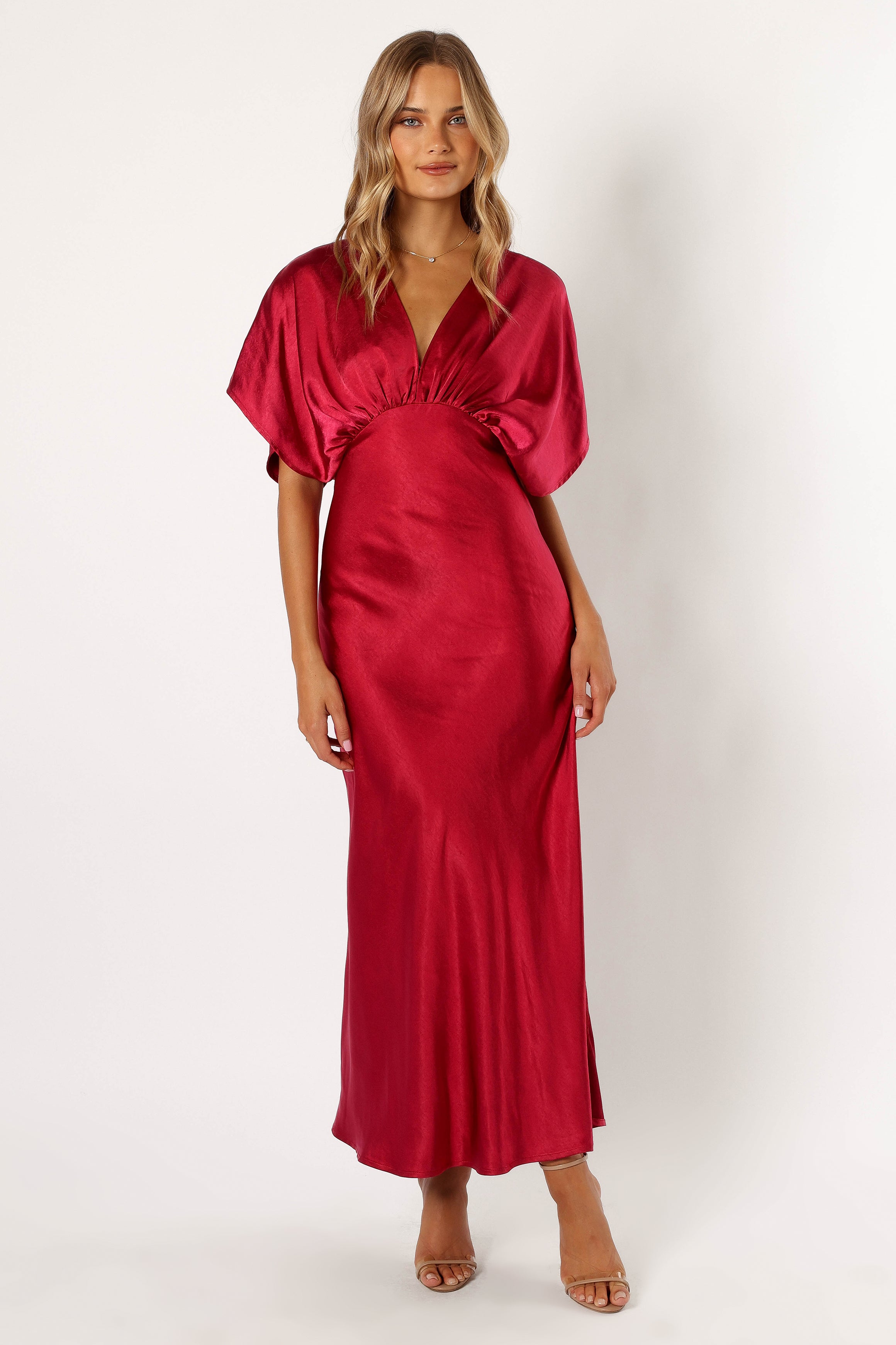 Elegant Satin Maxi Dress with V Neck & Butterfly Sleeves - Ricki Ruby Wine