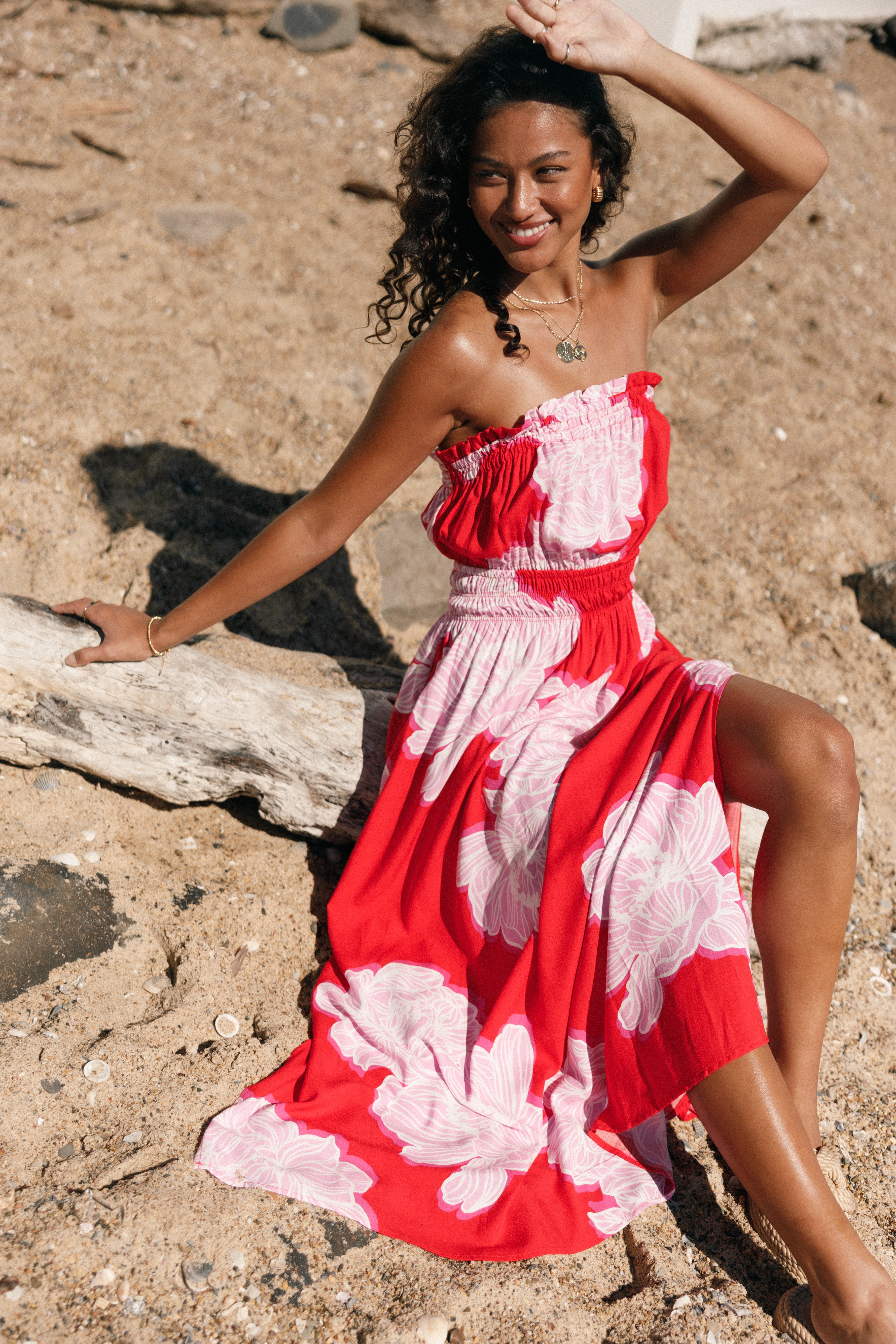 Floral Sybel Midi Dress with Pockets - Red Pink Rayon
