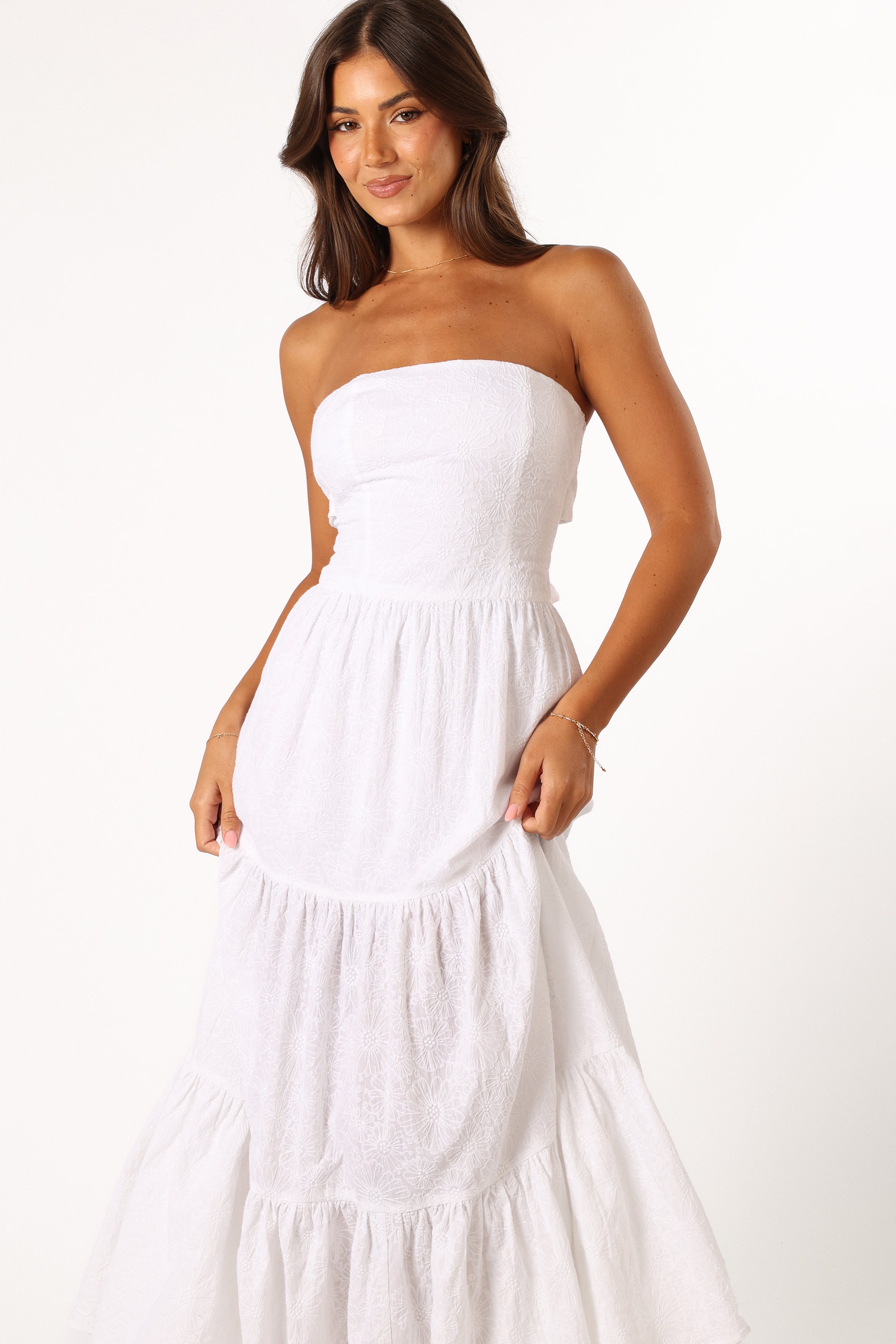 Florina Strapless Midi Dress - White Floral Tiered Skirt