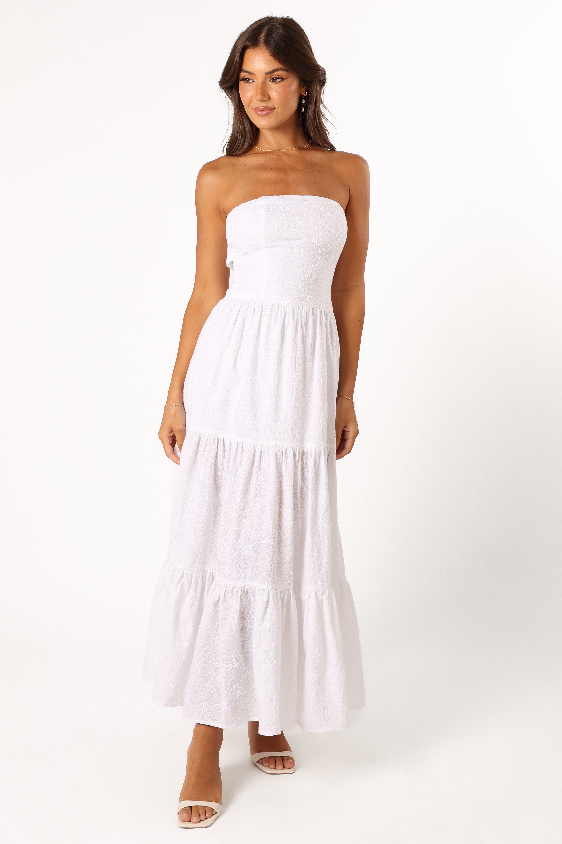 Florina Strapless Midi Dress - White Floral Tiered Skirt