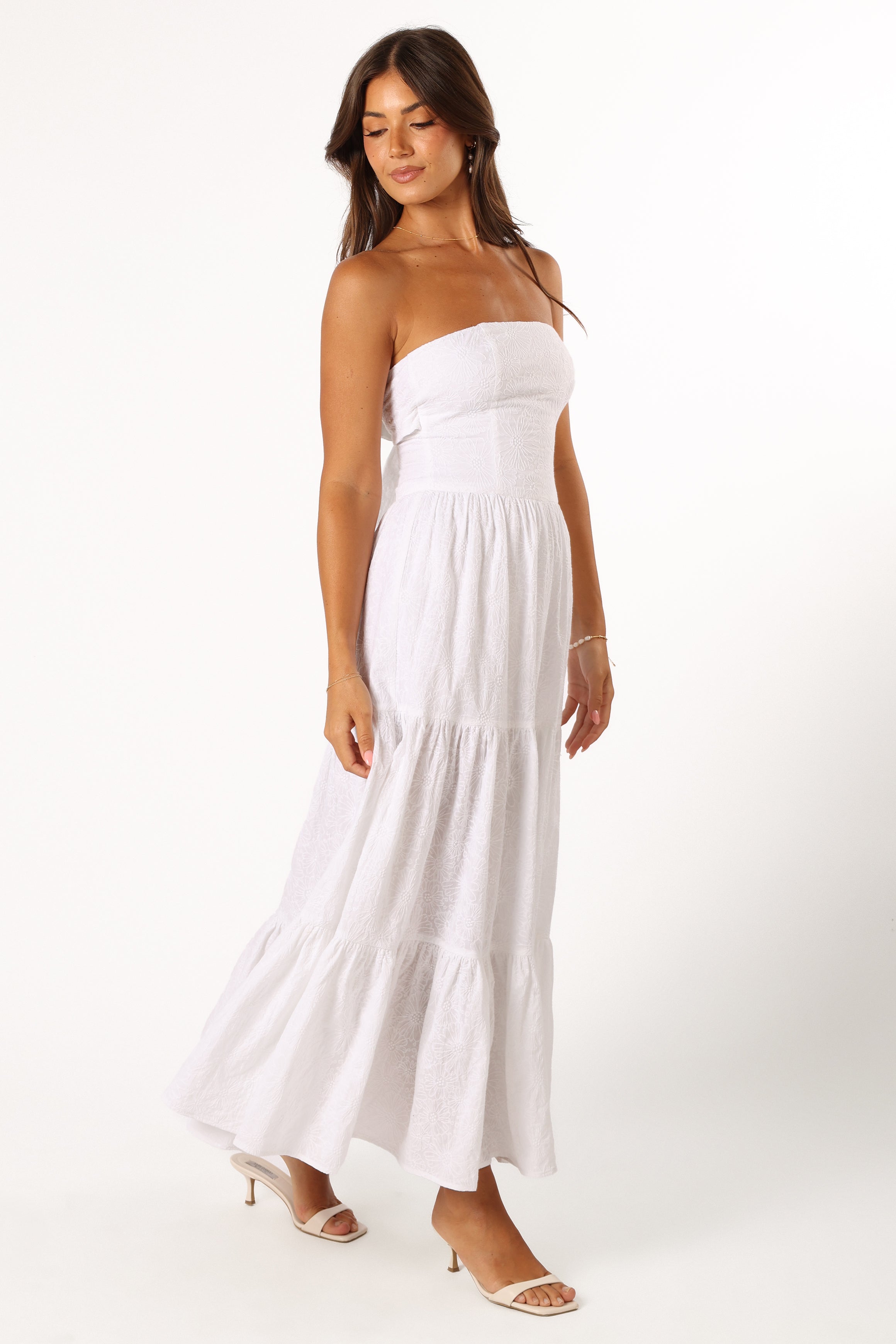 Florina Strapless Midi Dress - White Floral Tiered Skirt