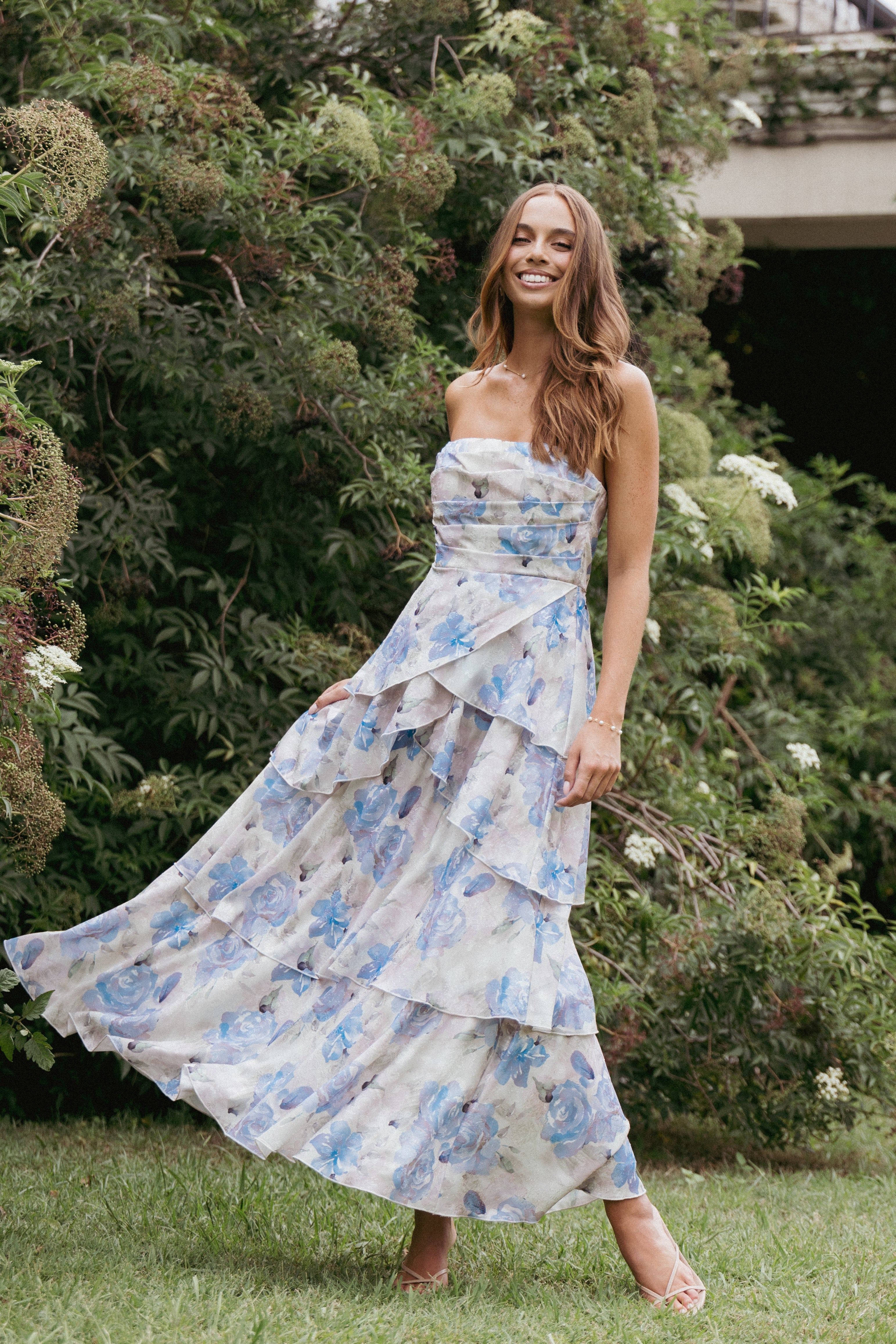 Admira Blue Floral Strapless Maxi Dress with Layered Skirt