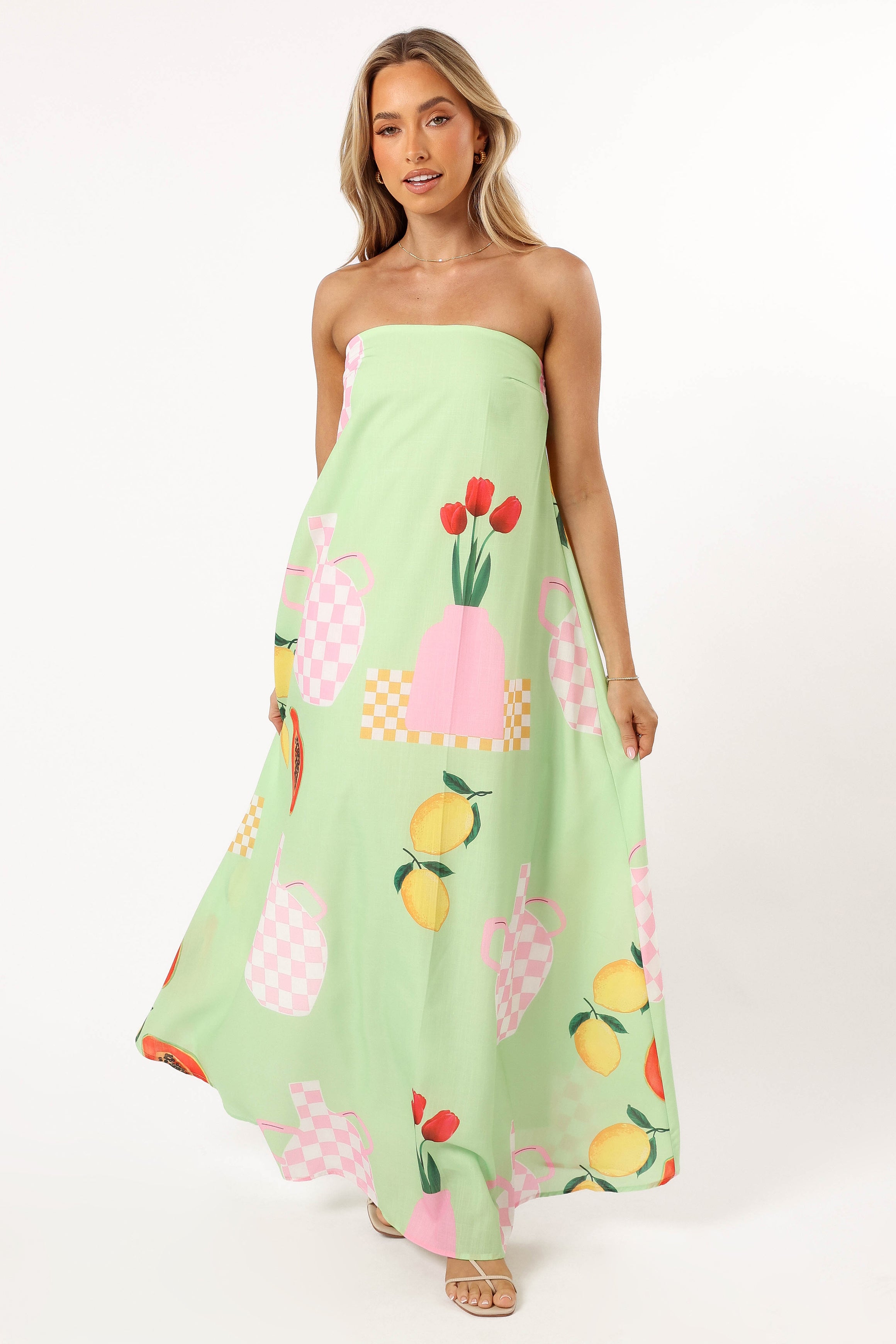 Strapless Maxi Dress in Green Papaya - Flowy Summer Dress