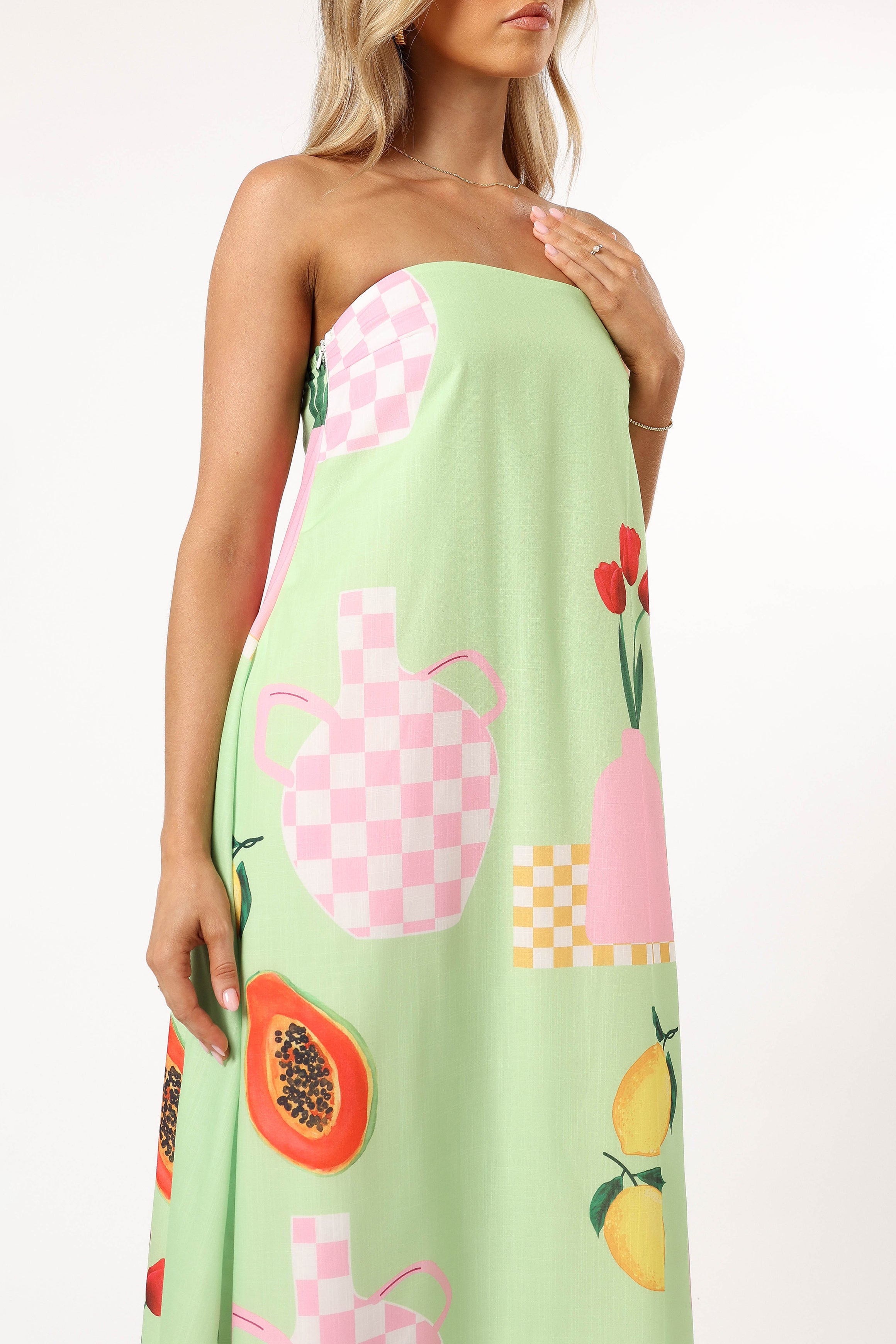 Strapless Maxi Dress in Green Papaya - Flowy Summer Dress