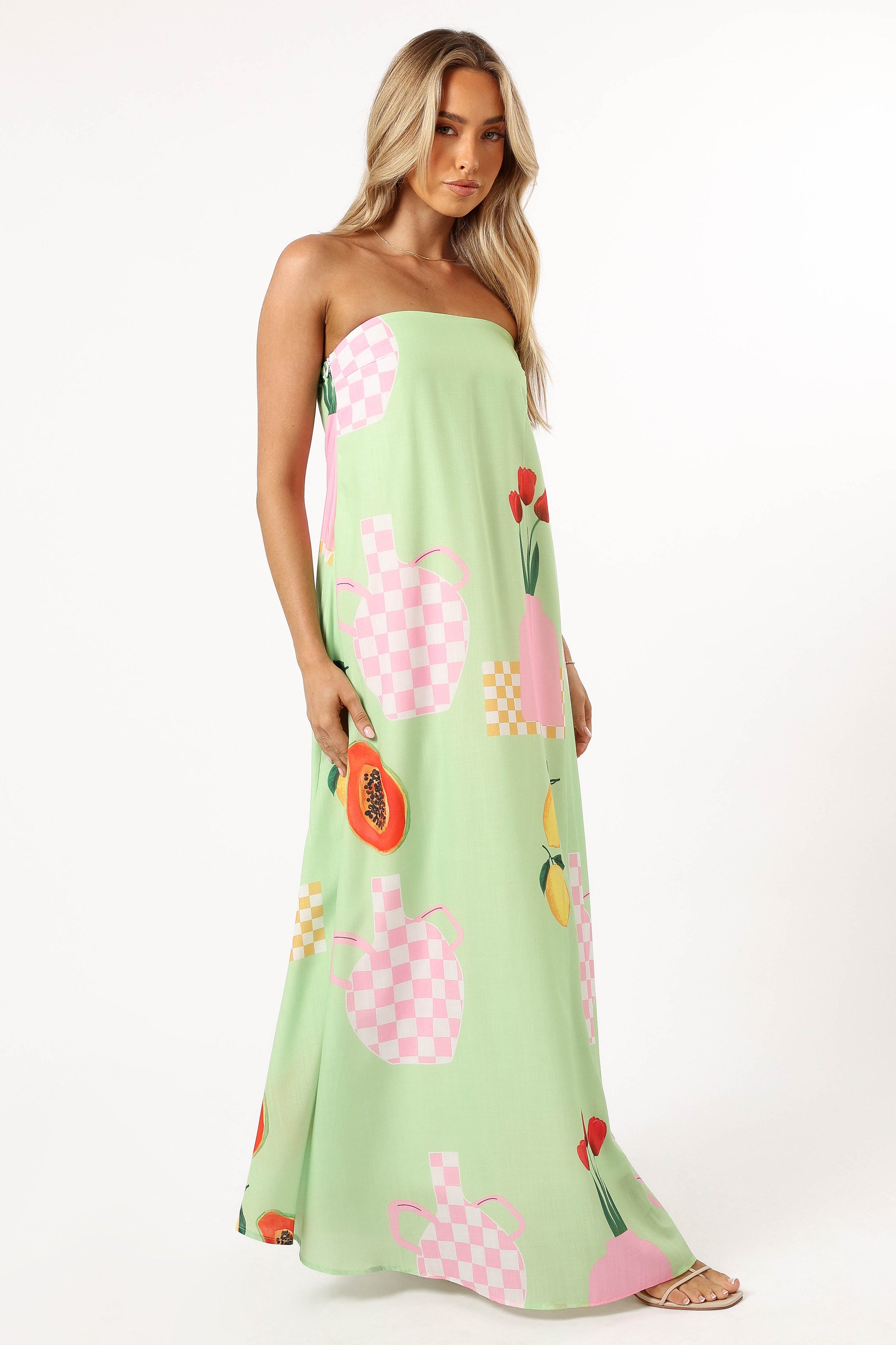 Strapless Maxi Dress in Green Papaya - Flowy Summer Dress