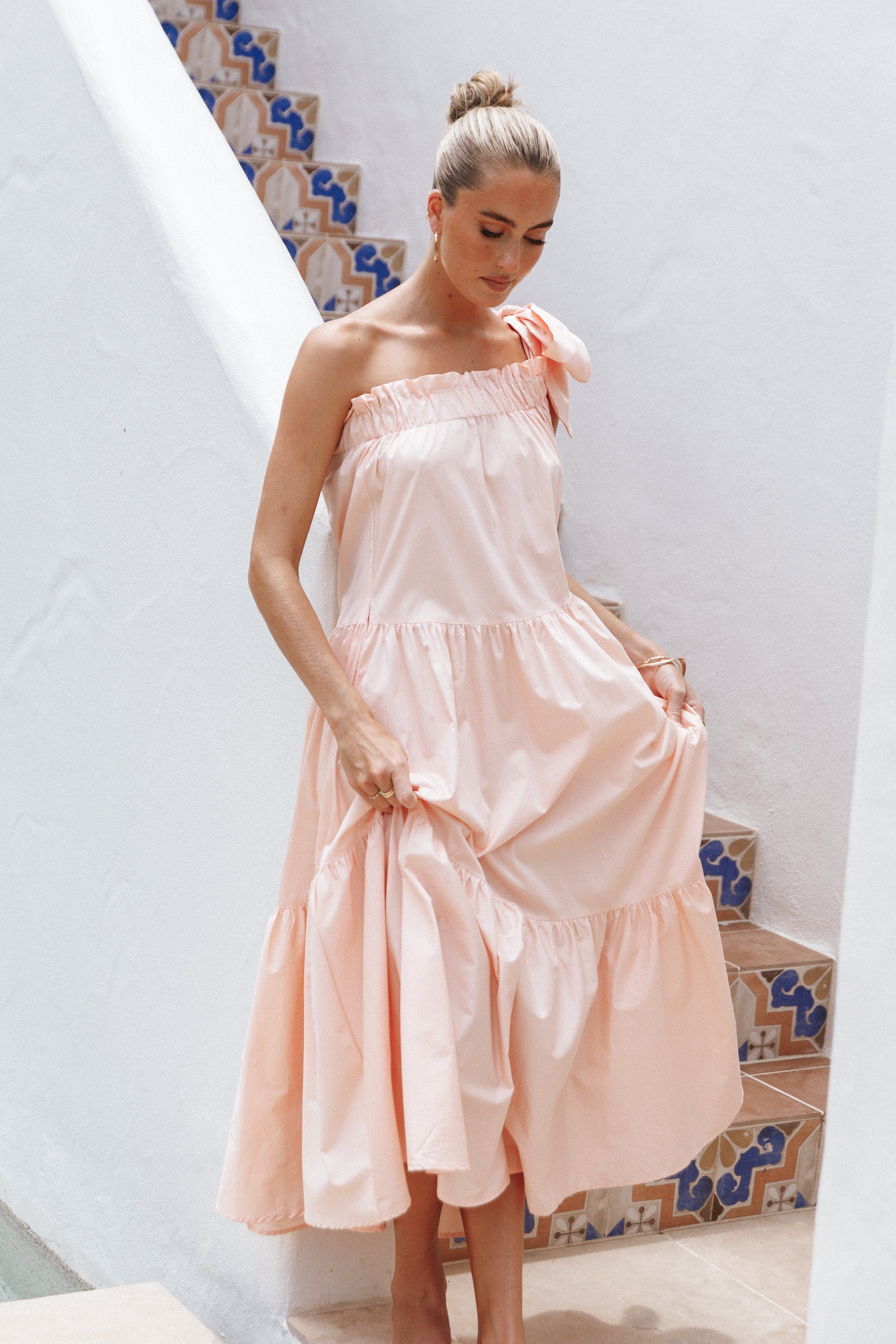 Peach One Shoulder Maxi Dress with Side Pockets - Ava