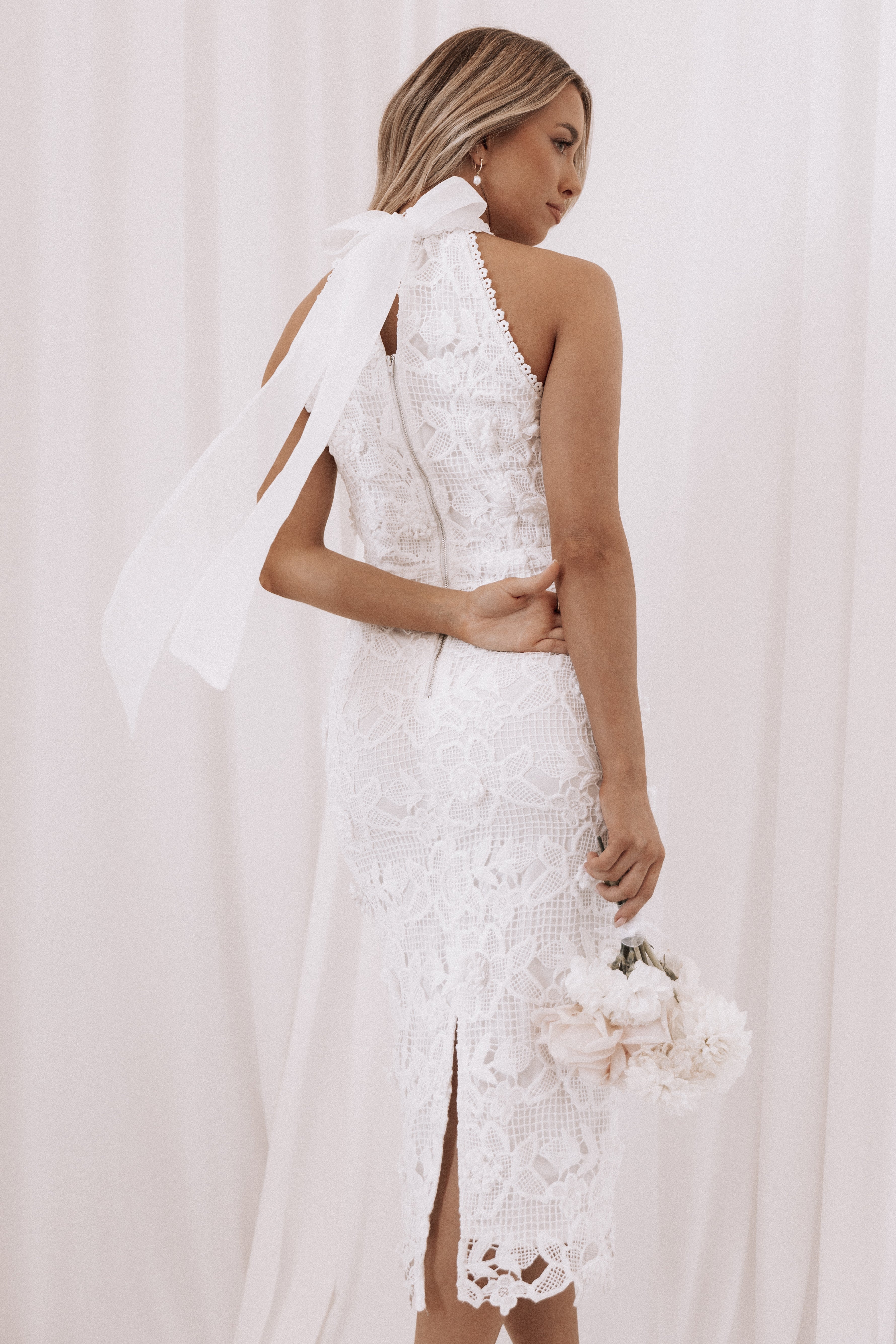 White Floral Lace Halterneck Midi Dress - Adalyn