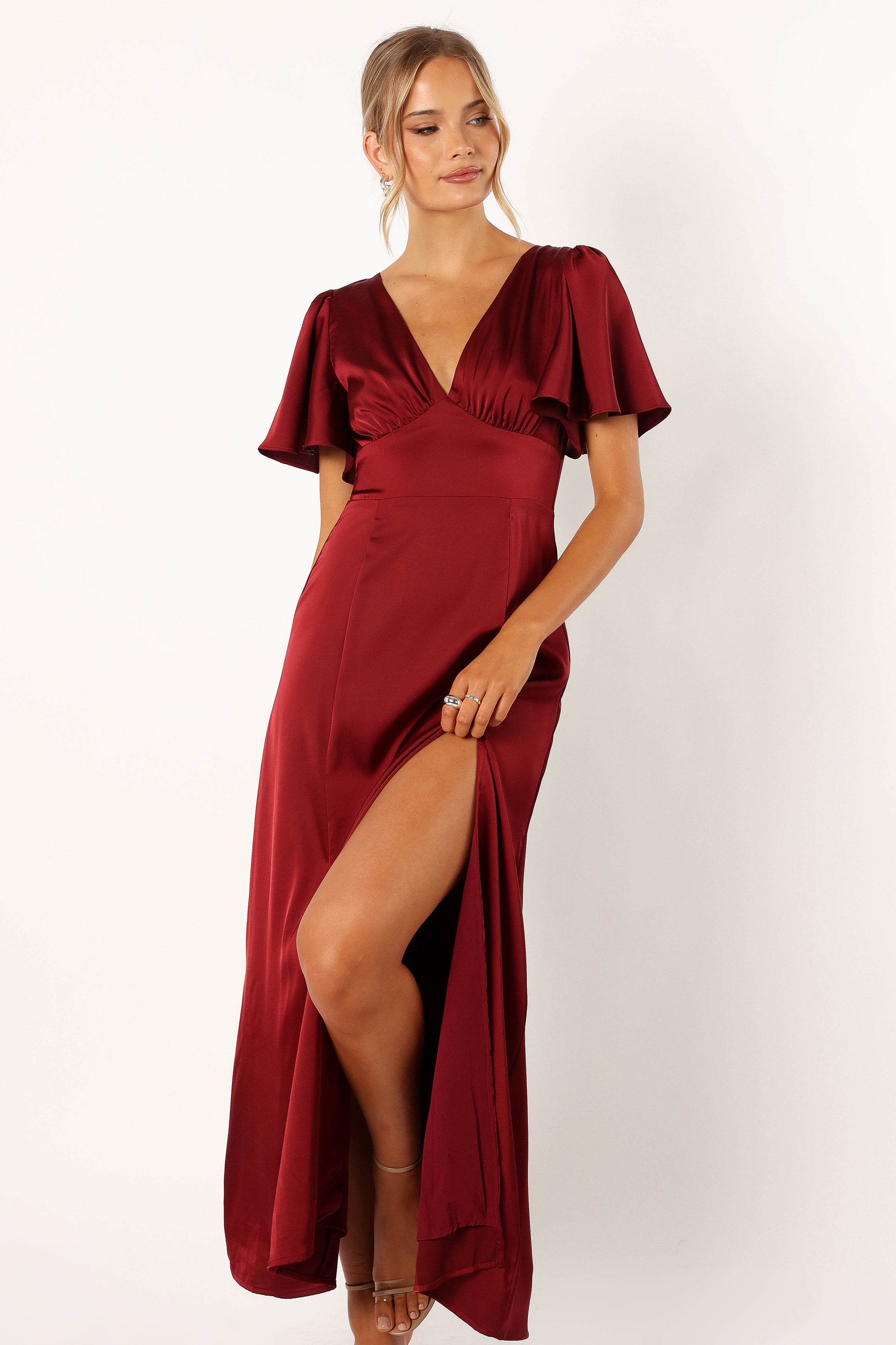 Casper V-Neck Shirred Back Maxi Dress in Wine - Satin Feel