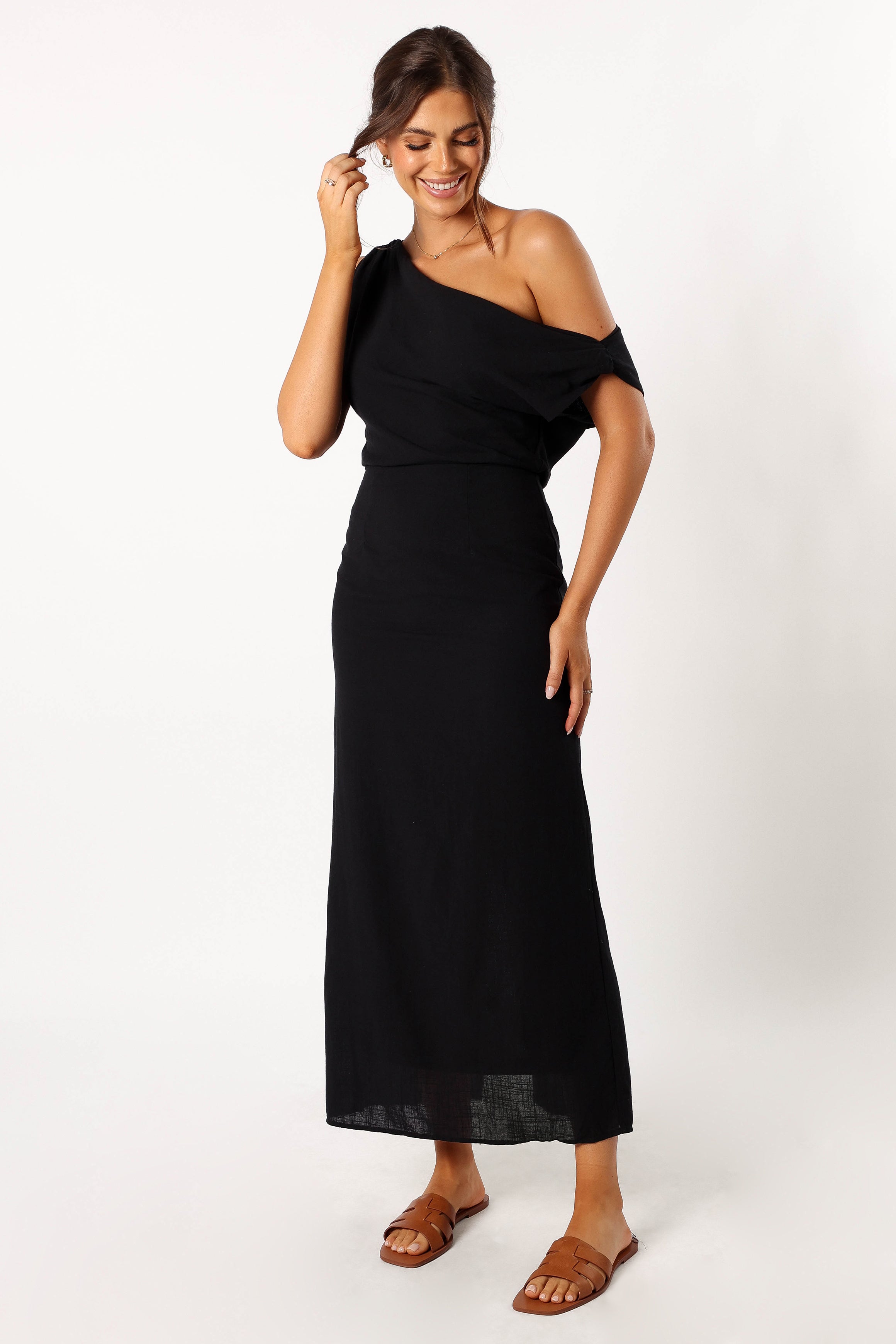 Cosma Black Off Shoulder Maxi Dress with A-Line Skirt