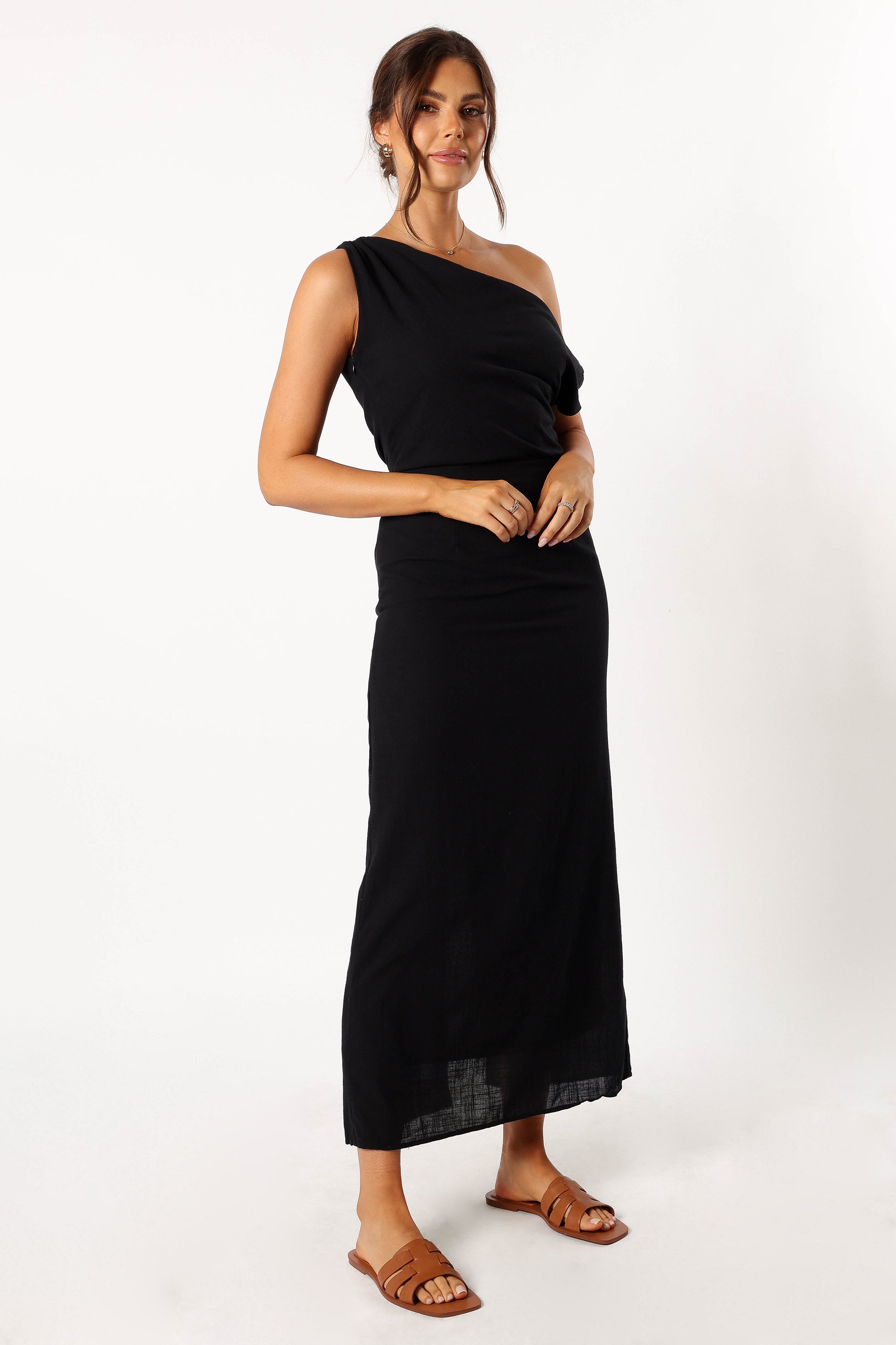 Cosma Black Off Shoulder Maxi Dress with A-Line Skirt