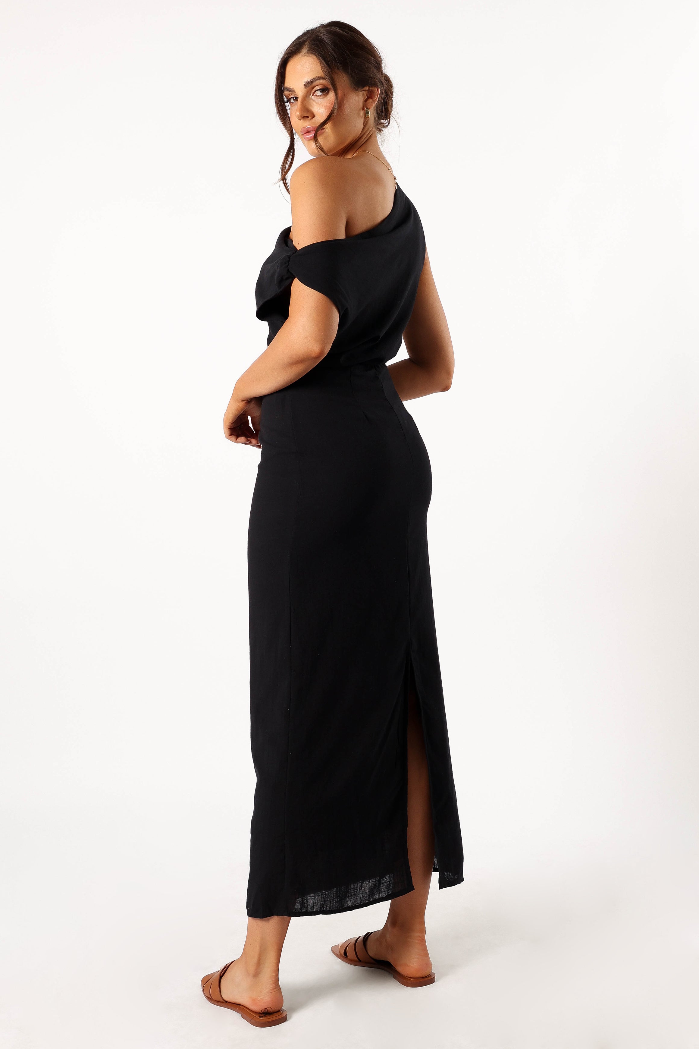 Cosma Black Off Shoulder Maxi Dress with A-Line Skirt