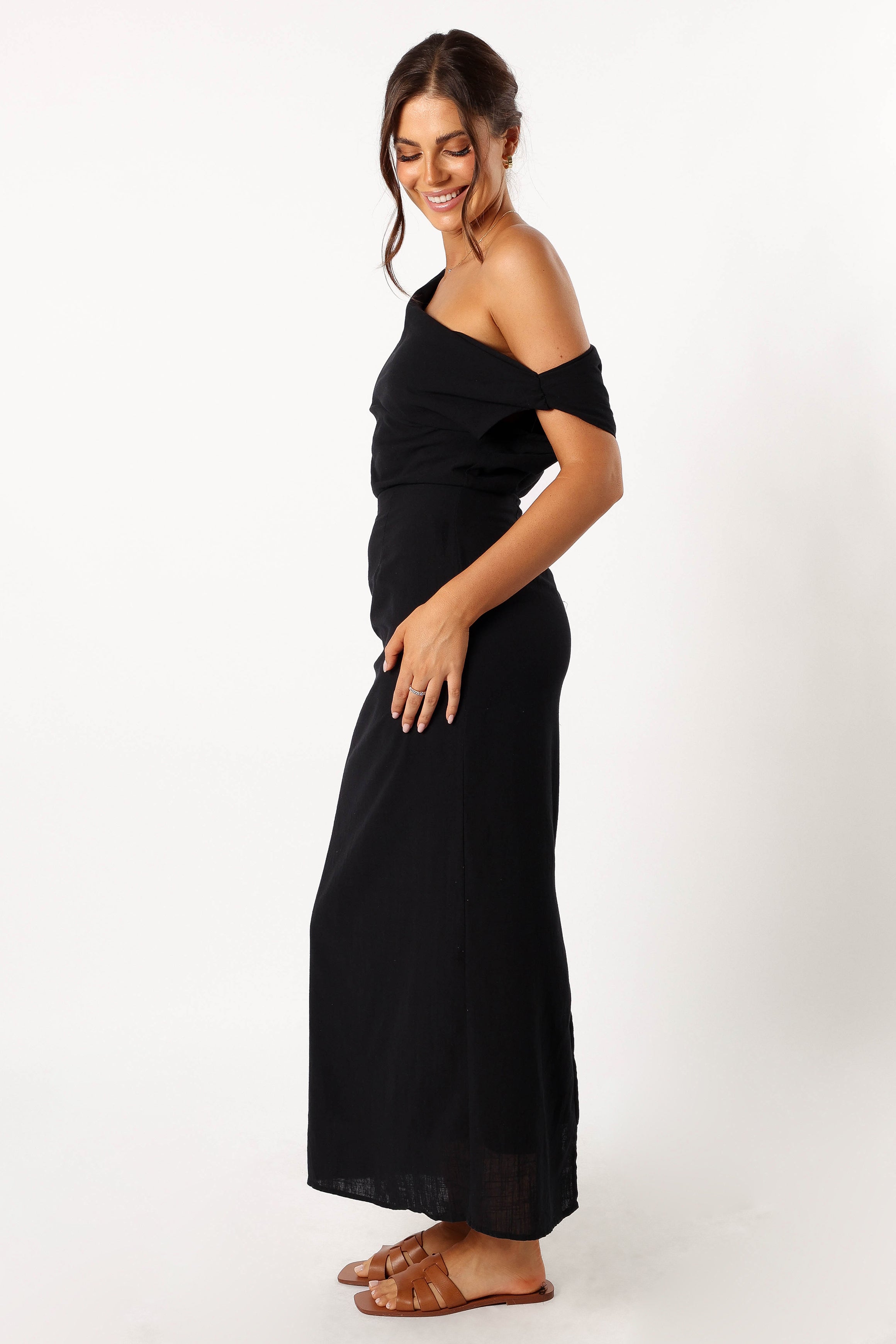 Cosma Black Off Shoulder Maxi Dress with A-Line Skirt