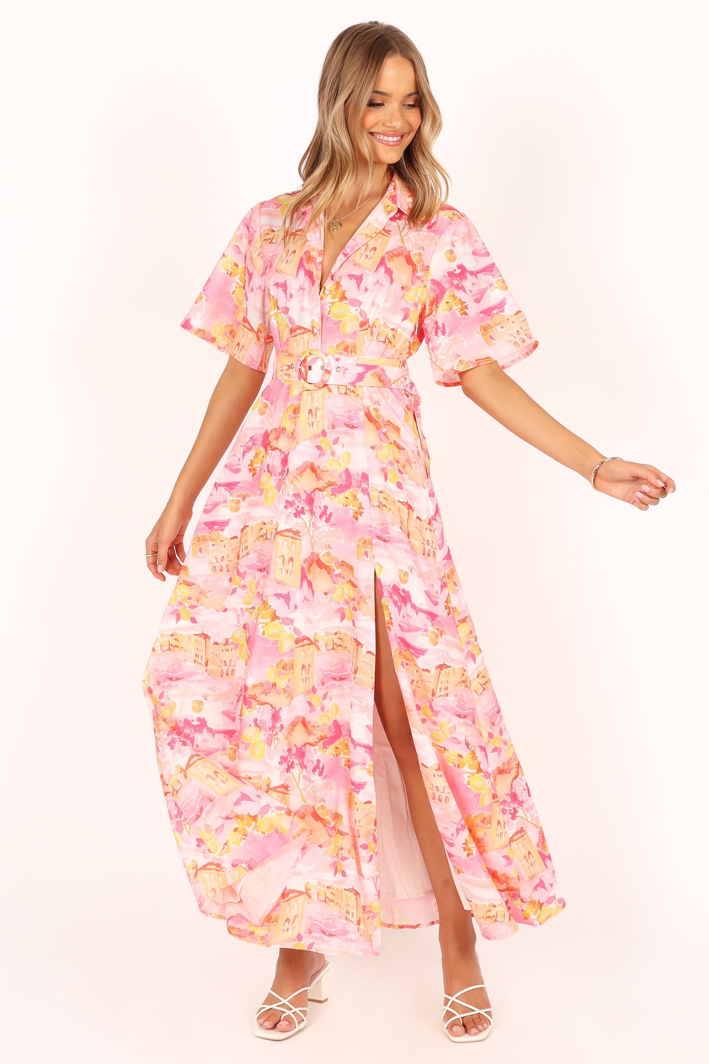 Arianna Pink Scenic Maxi Dress with Removable Belt & Collar