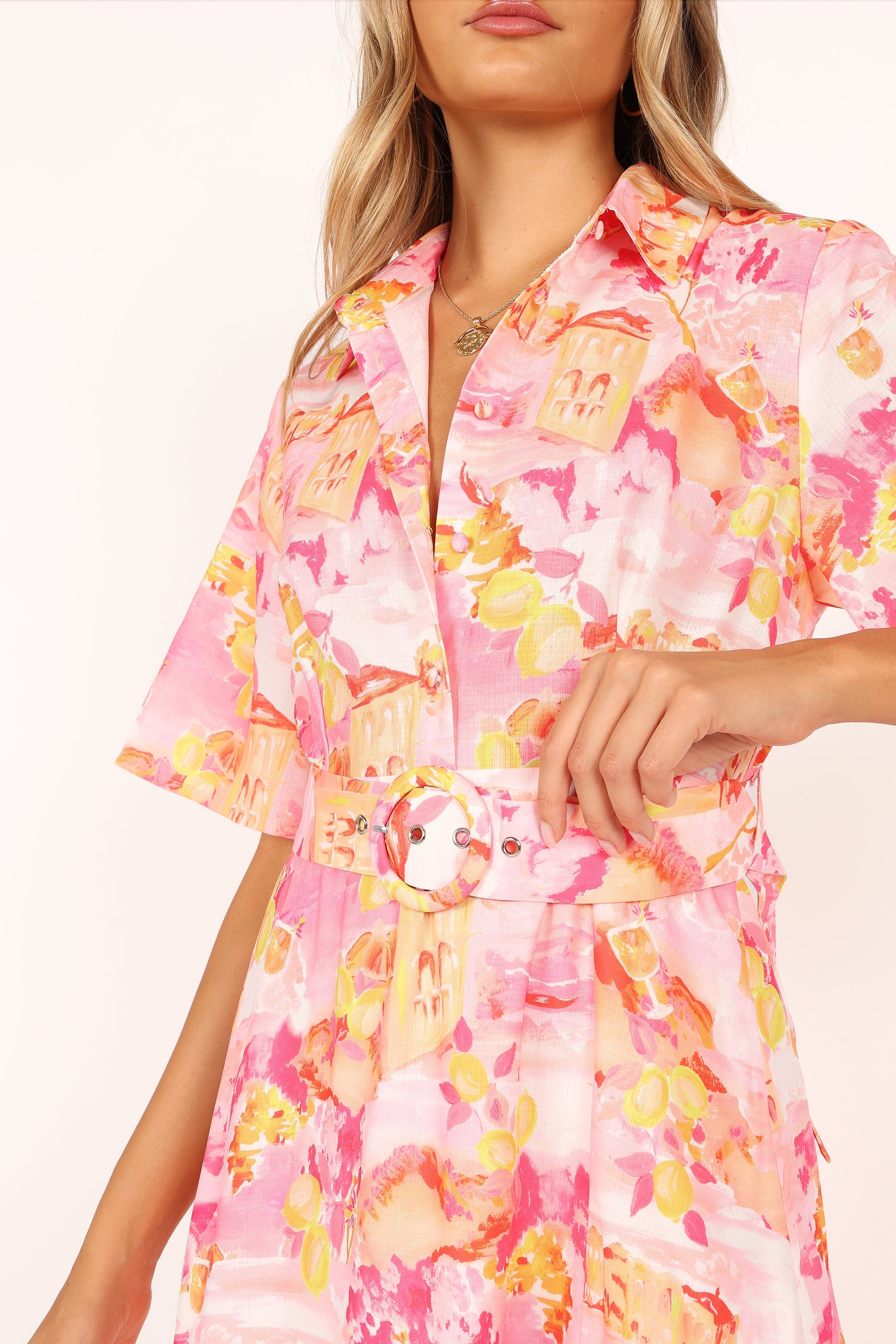 Arianna Pink Scenic Maxi Dress with Removable Belt & Collar