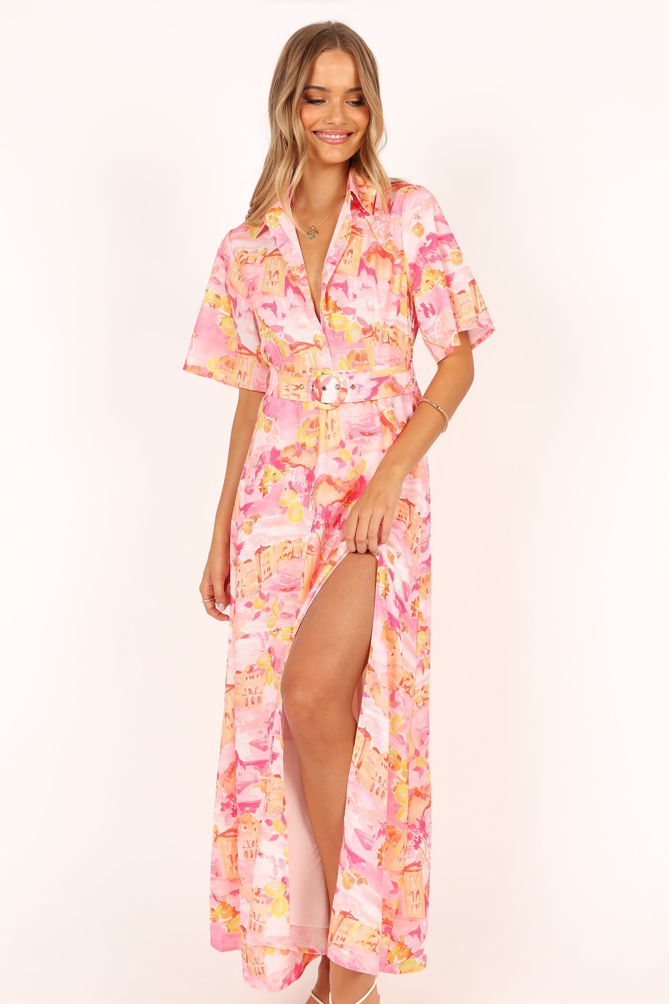 Arianna Pink Scenic Maxi Dress with Removable Belt & Collar