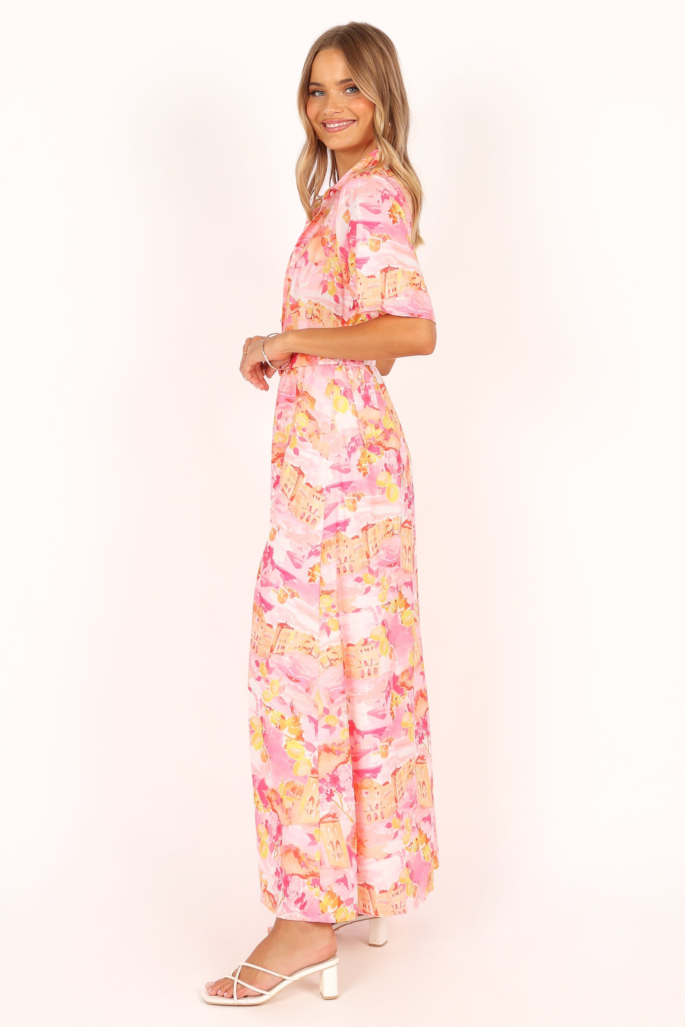 Arianna Pink Scenic Maxi Dress with Removable Belt & Collar