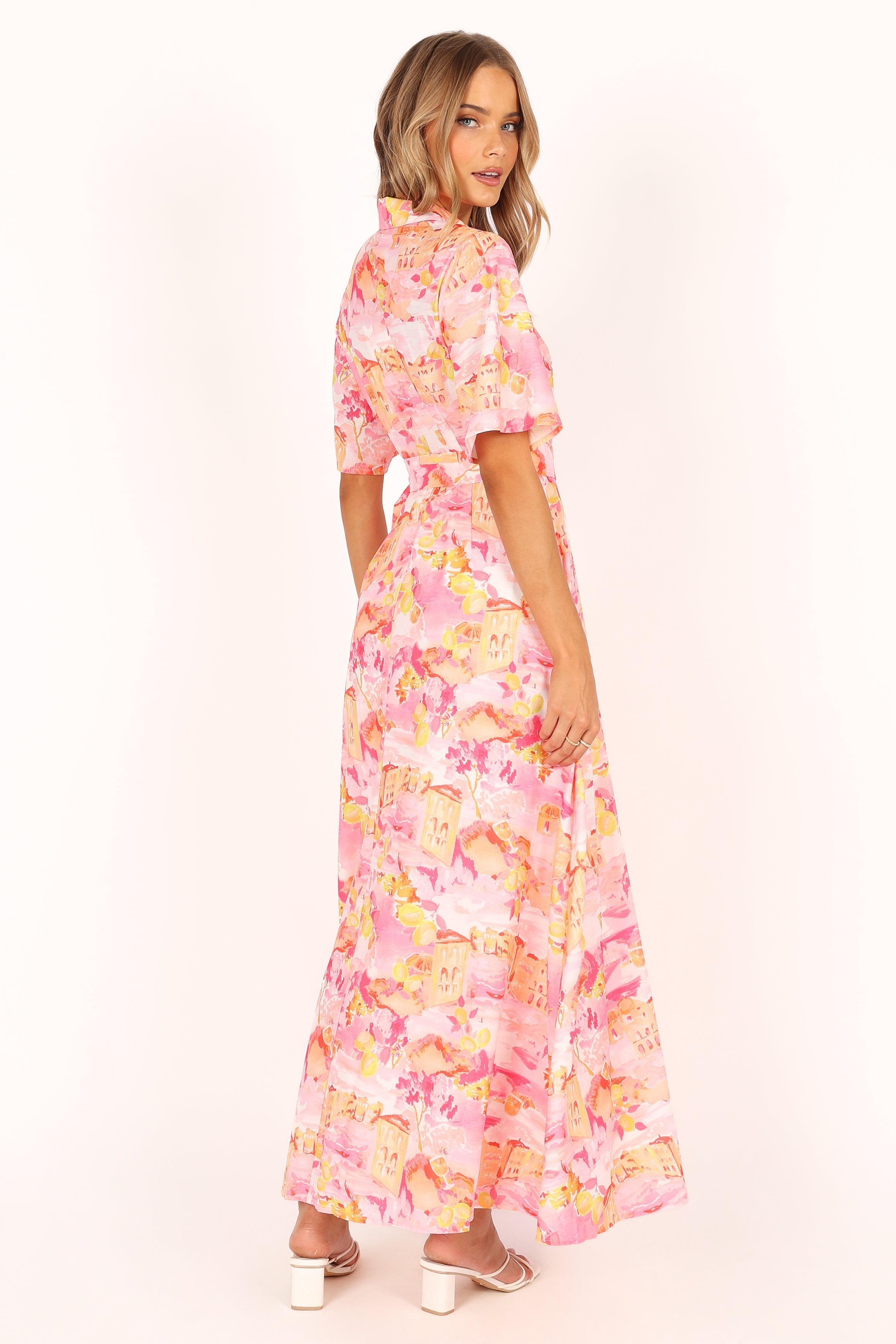Arianna Pink Scenic Maxi Dress with Removable Belt & Collar