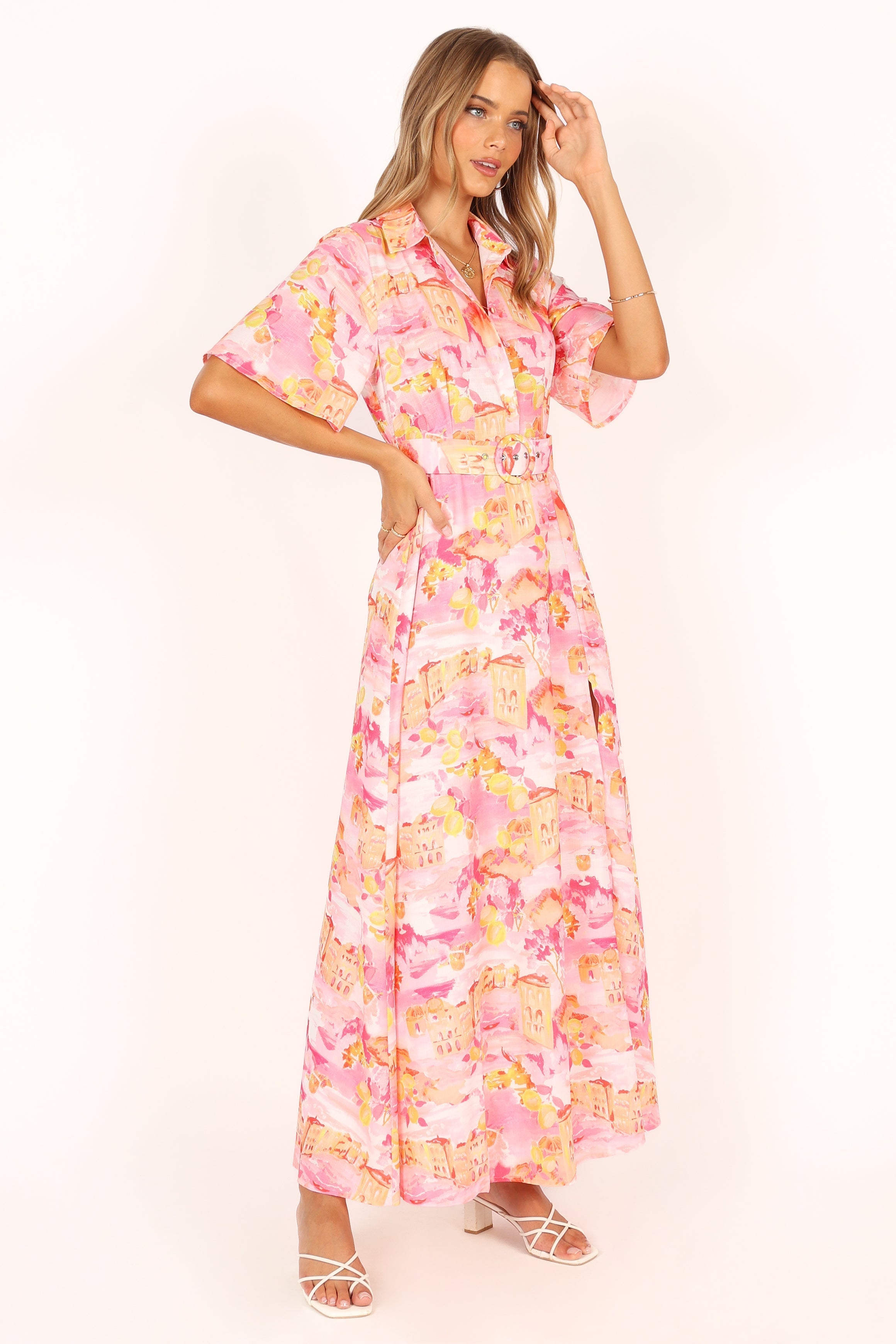 Arianna Pink Scenic Maxi Dress with Removable Belt & Collar