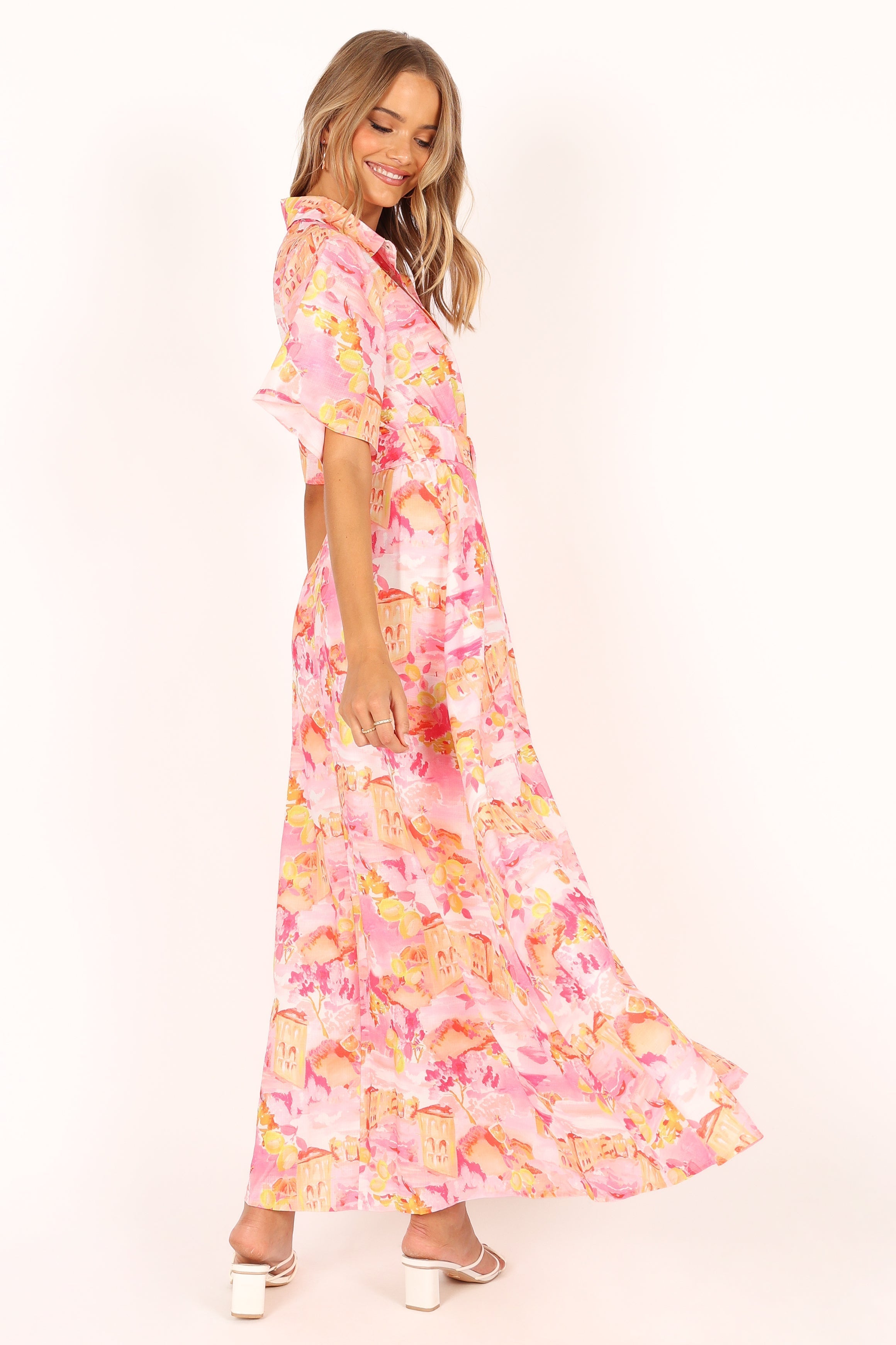 Arianna Pink Scenic Maxi Dress with Removable Belt & Collar