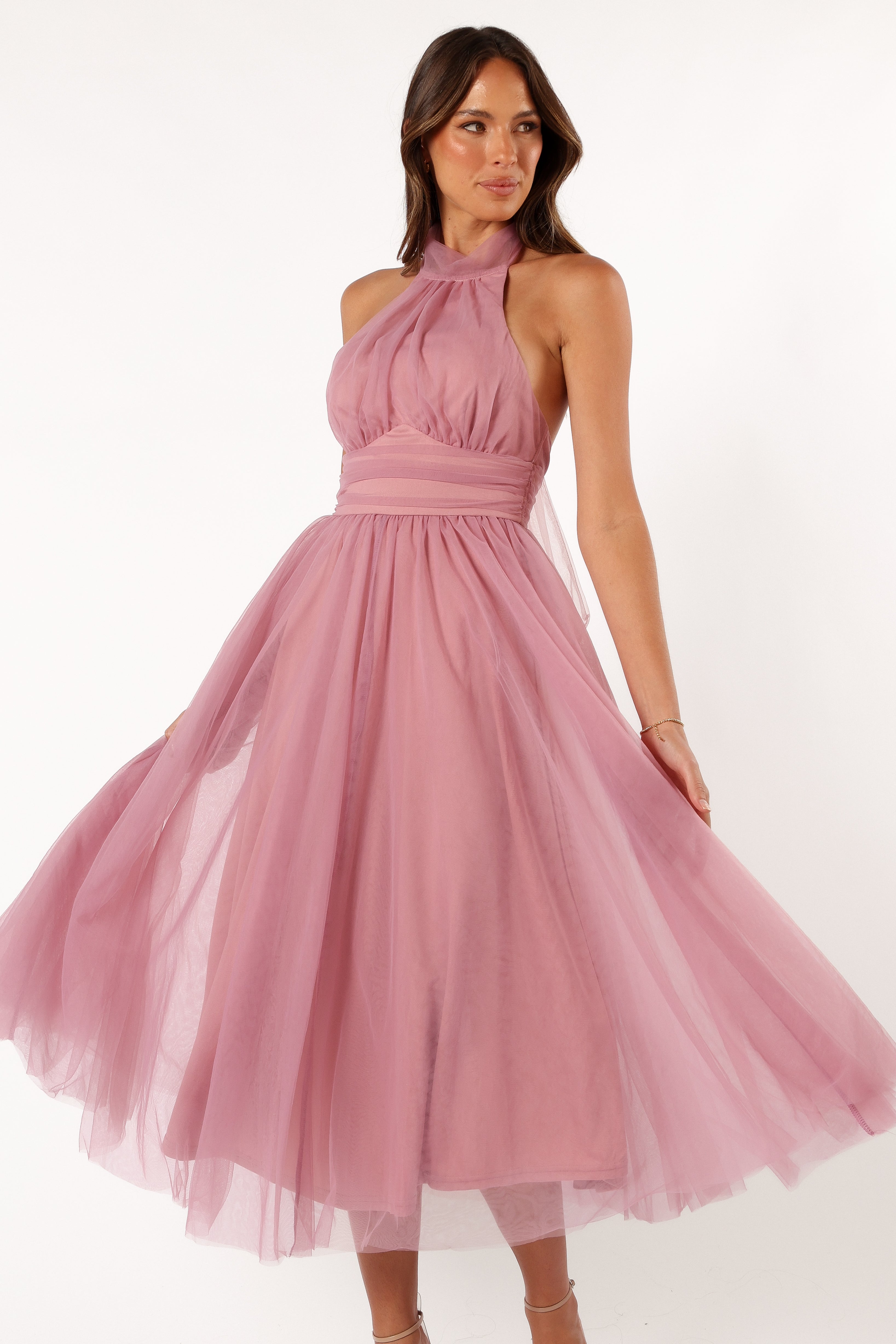 Pink Halterneck Midi Dress with Tulle Overlay - Aletta