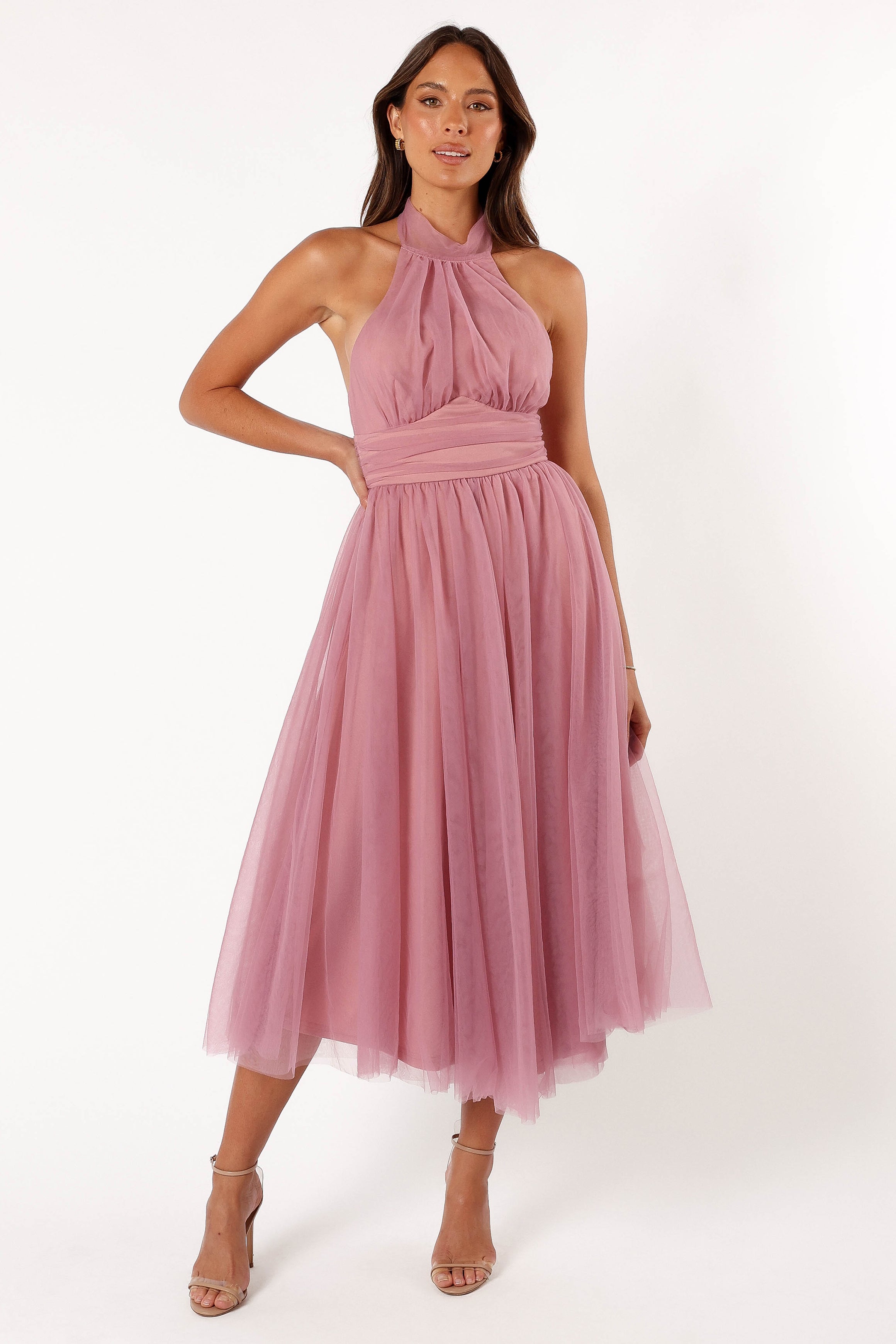 Pink Halterneck Midi Dress with Tulle Overlay - Aletta