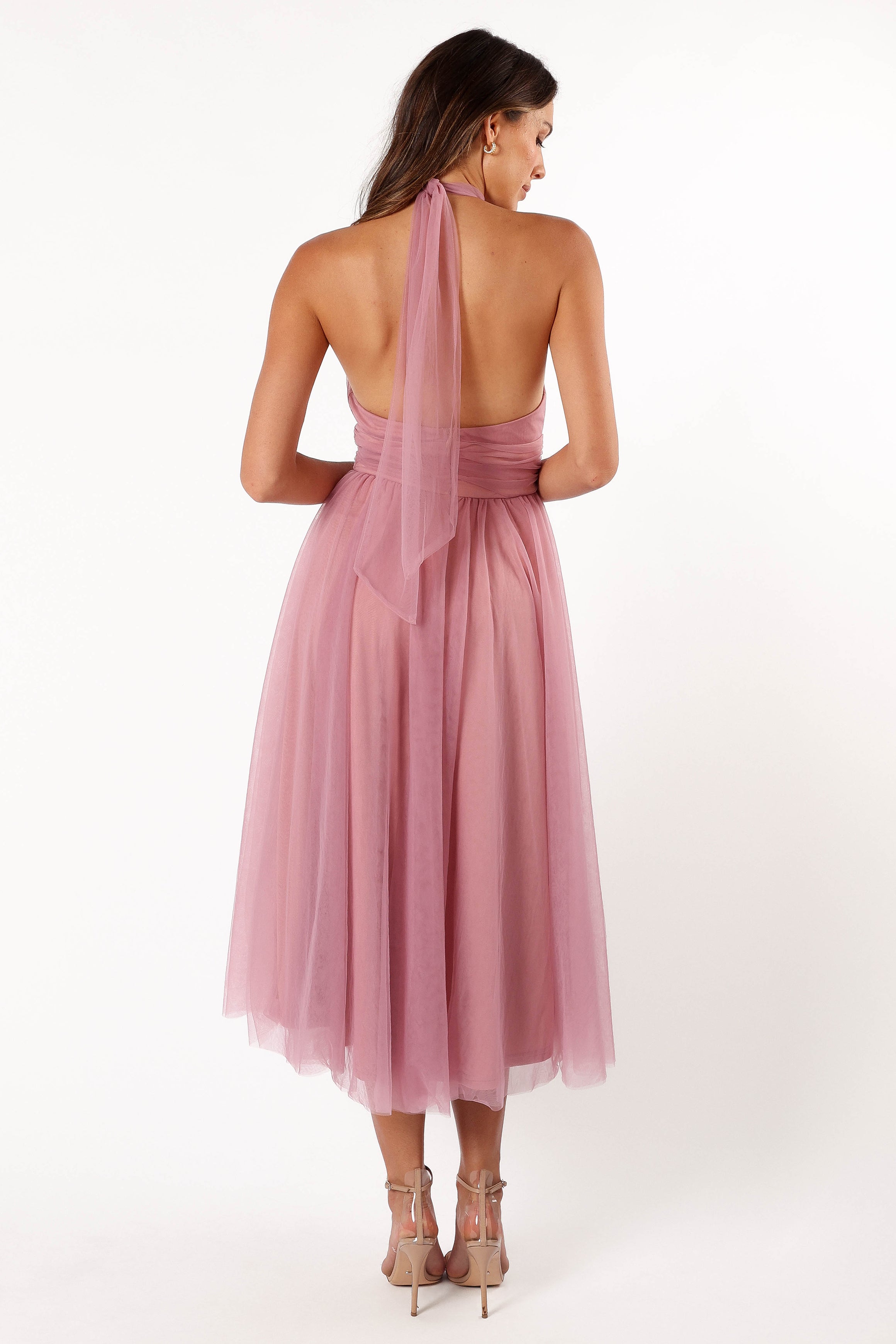 Pink Halterneck Midi Dress with Tulle Overlay - Aletta