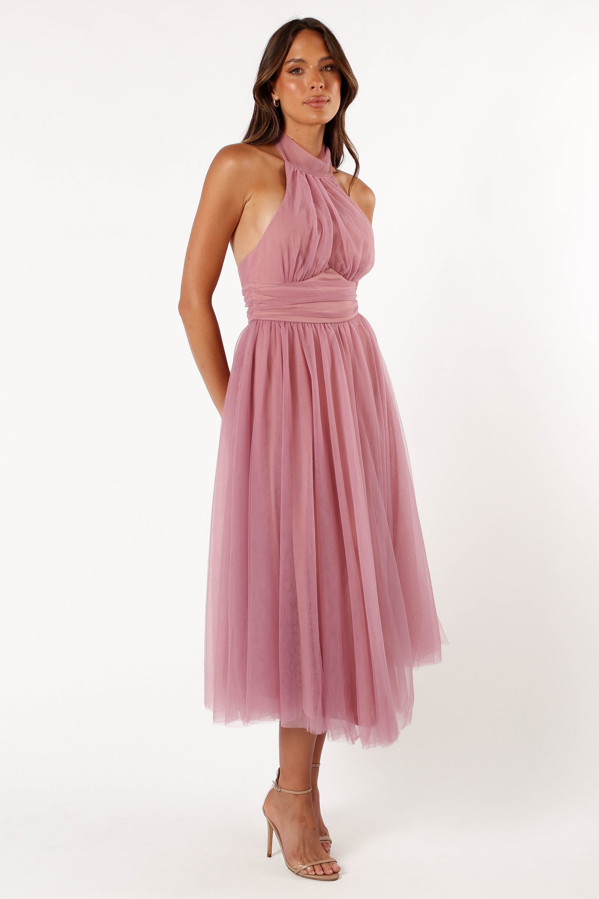 Pink Halterneck Midi Dress with Tulle Overlay - Aletta