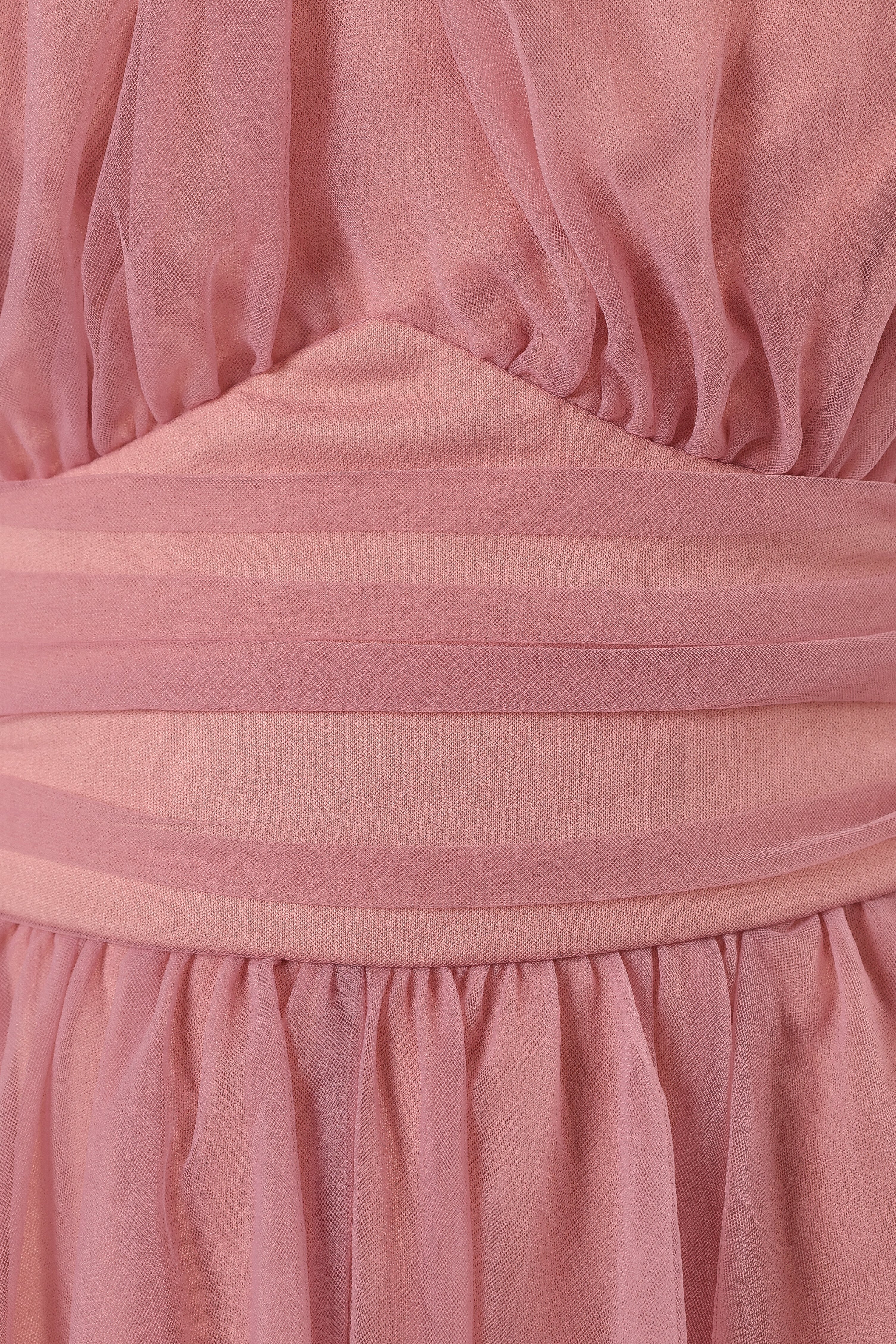 Pink Halterneck Midi Dress with Tulle Overlay - Aletta