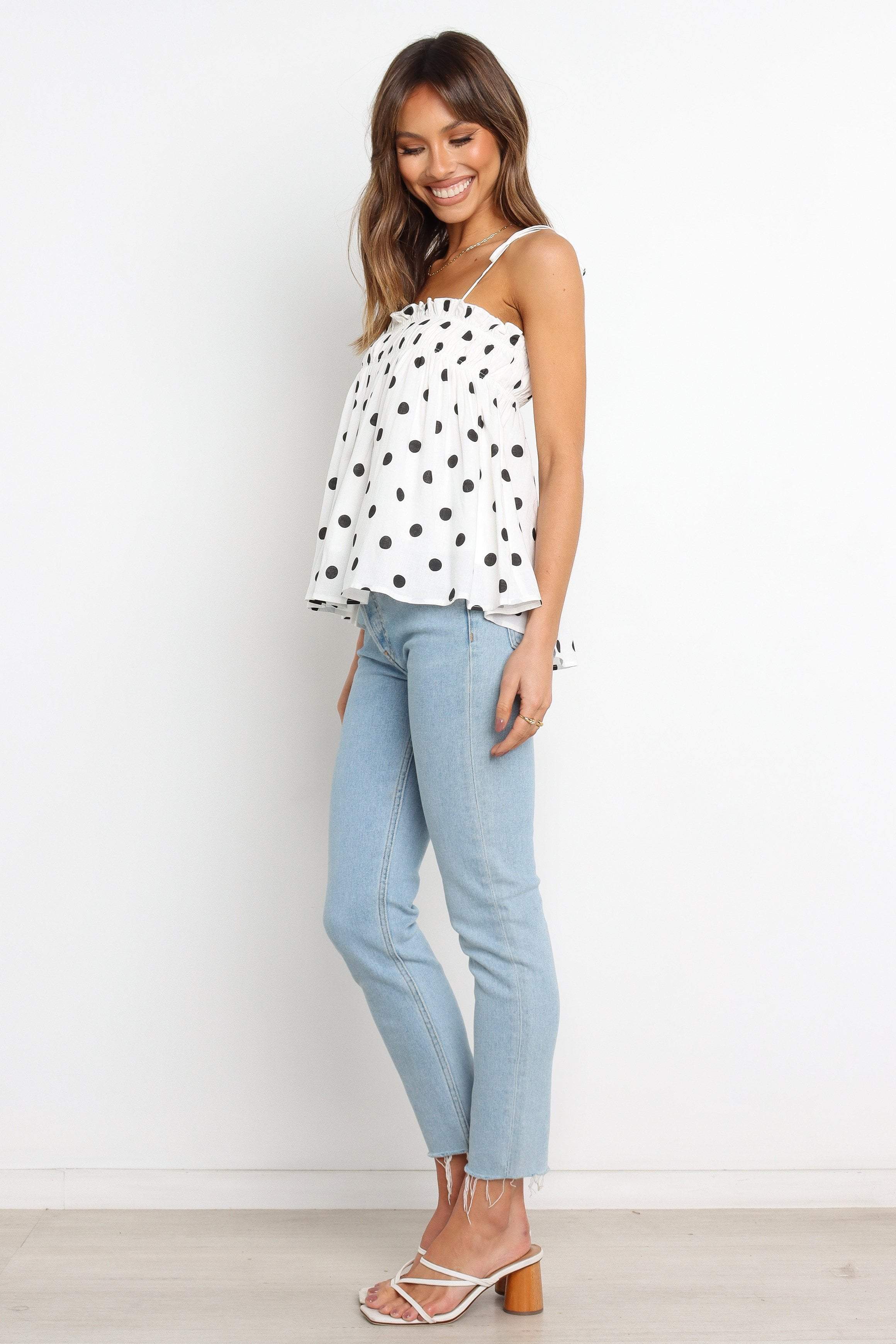 White Polka Dot Crop Top - Urbana Relaxed Fit Linen Blend