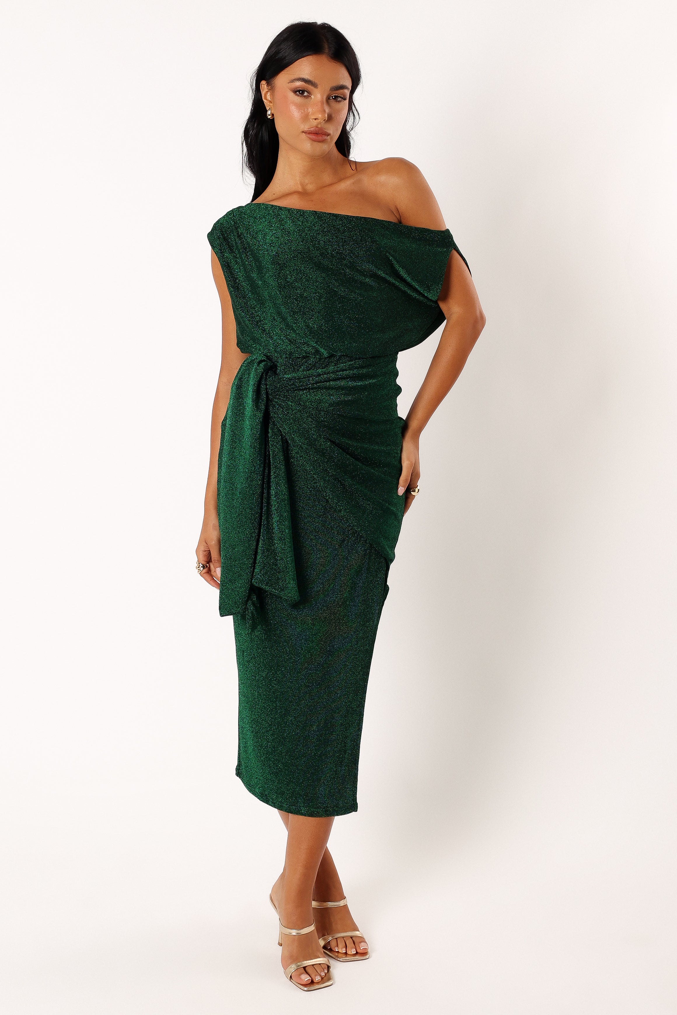 Emerald Glitter Off Shoulder Midi Dress with Waist Tie
