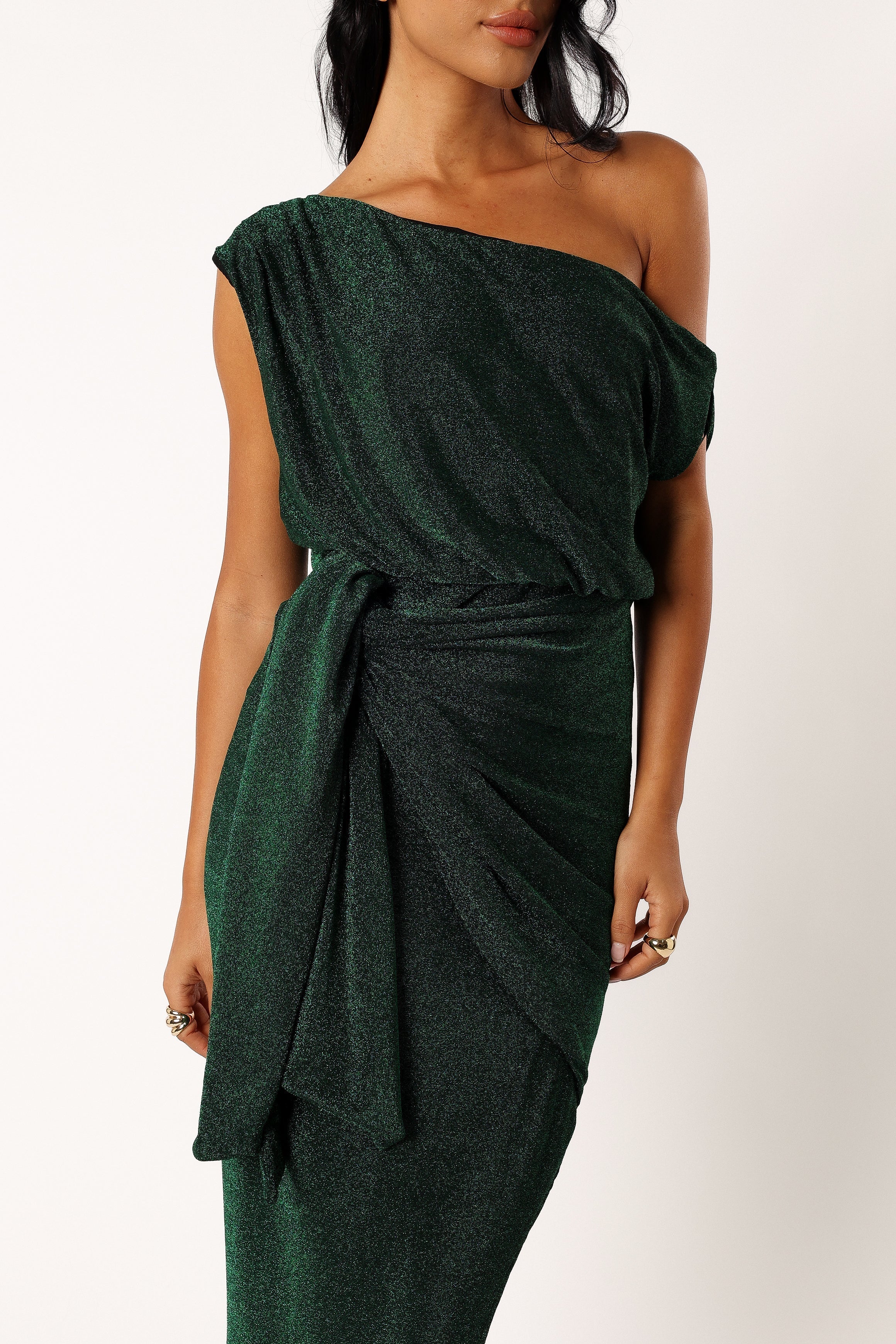 Emerald Glitter Off Shoulder Midi Dress with Waist Tie