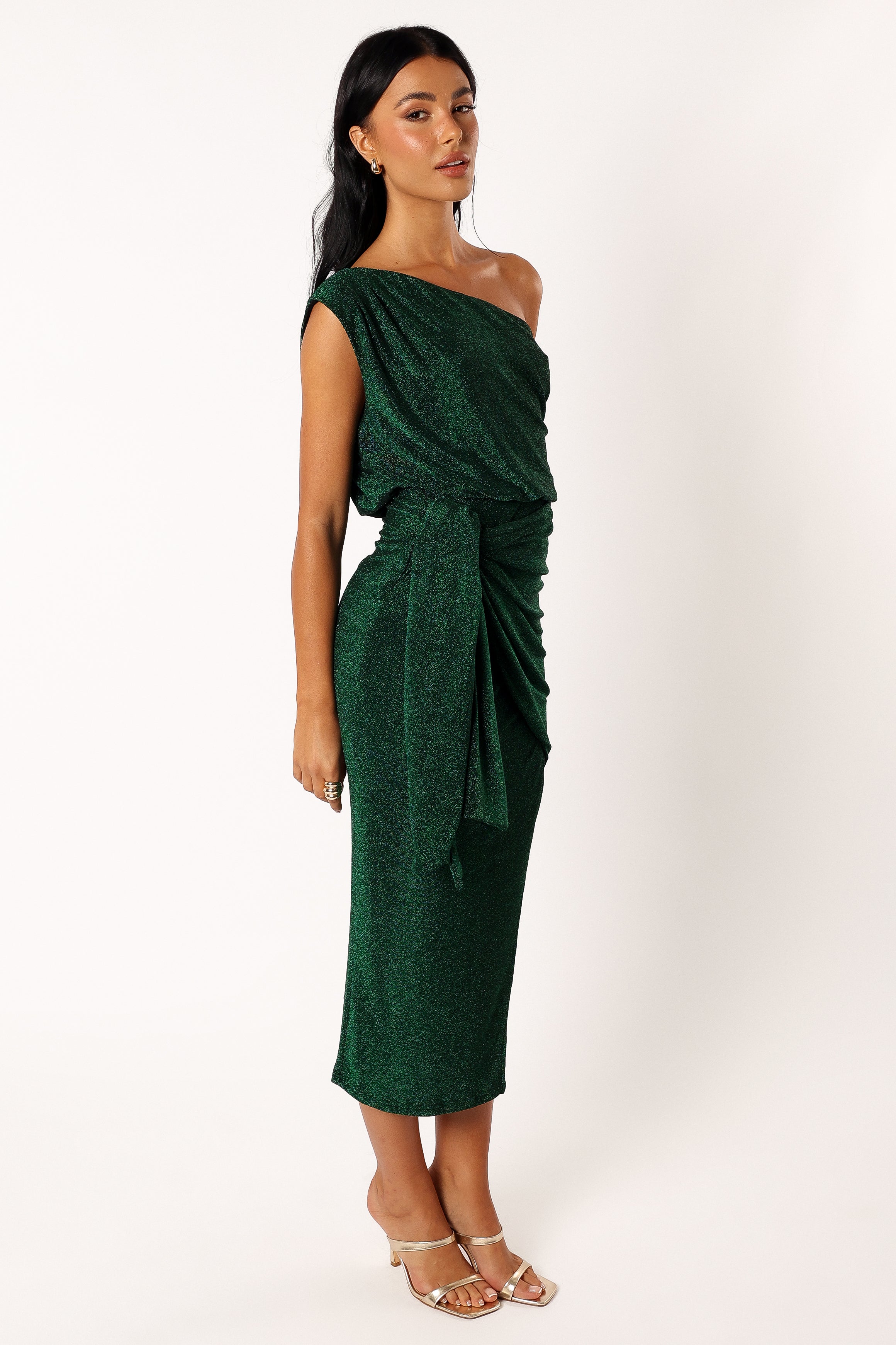 Emerald Glitter Off Shoulder Midi Dress with Waist Tie