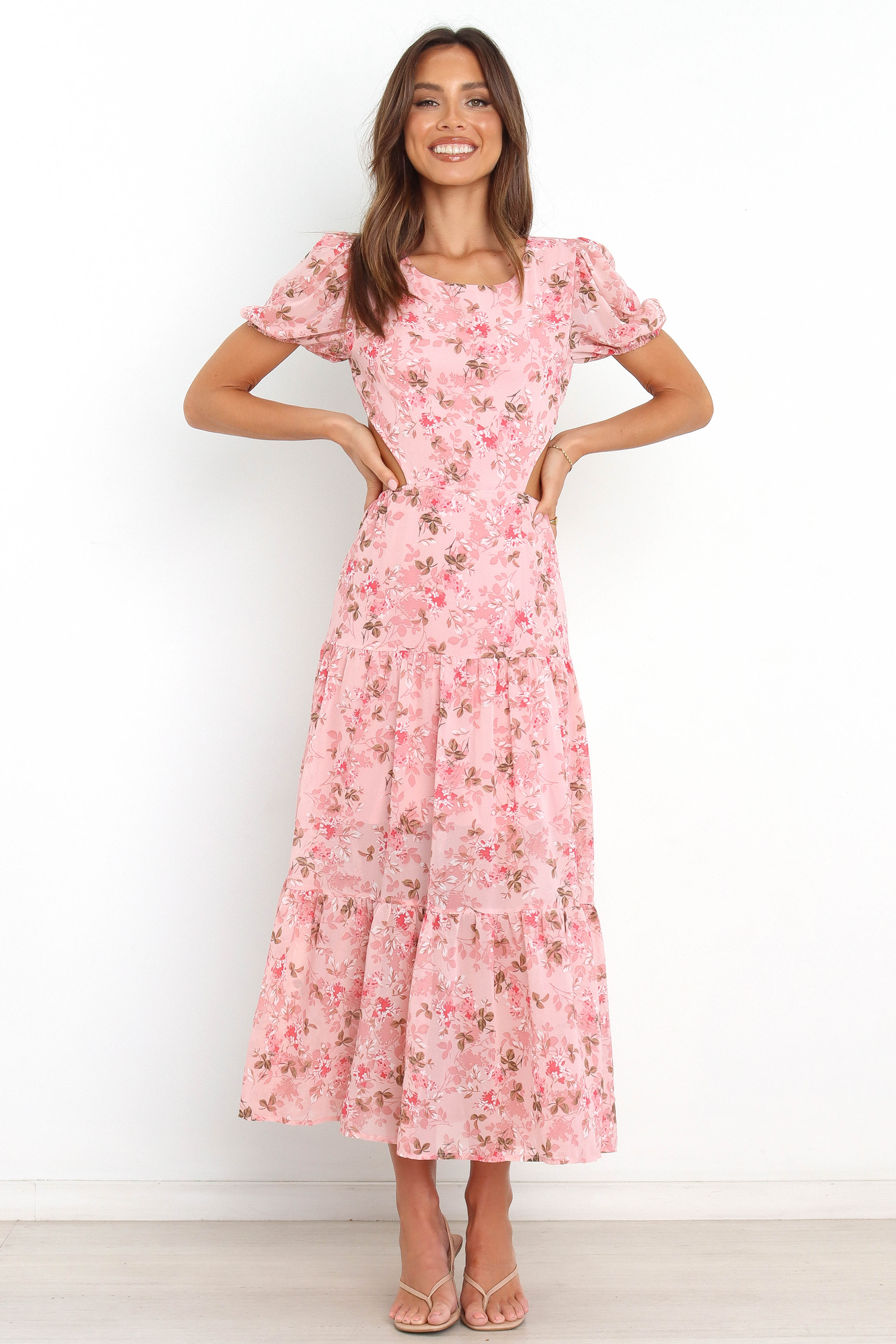 Floral Maxi Dress with Open Back & Side Cutouts – Reece Pink