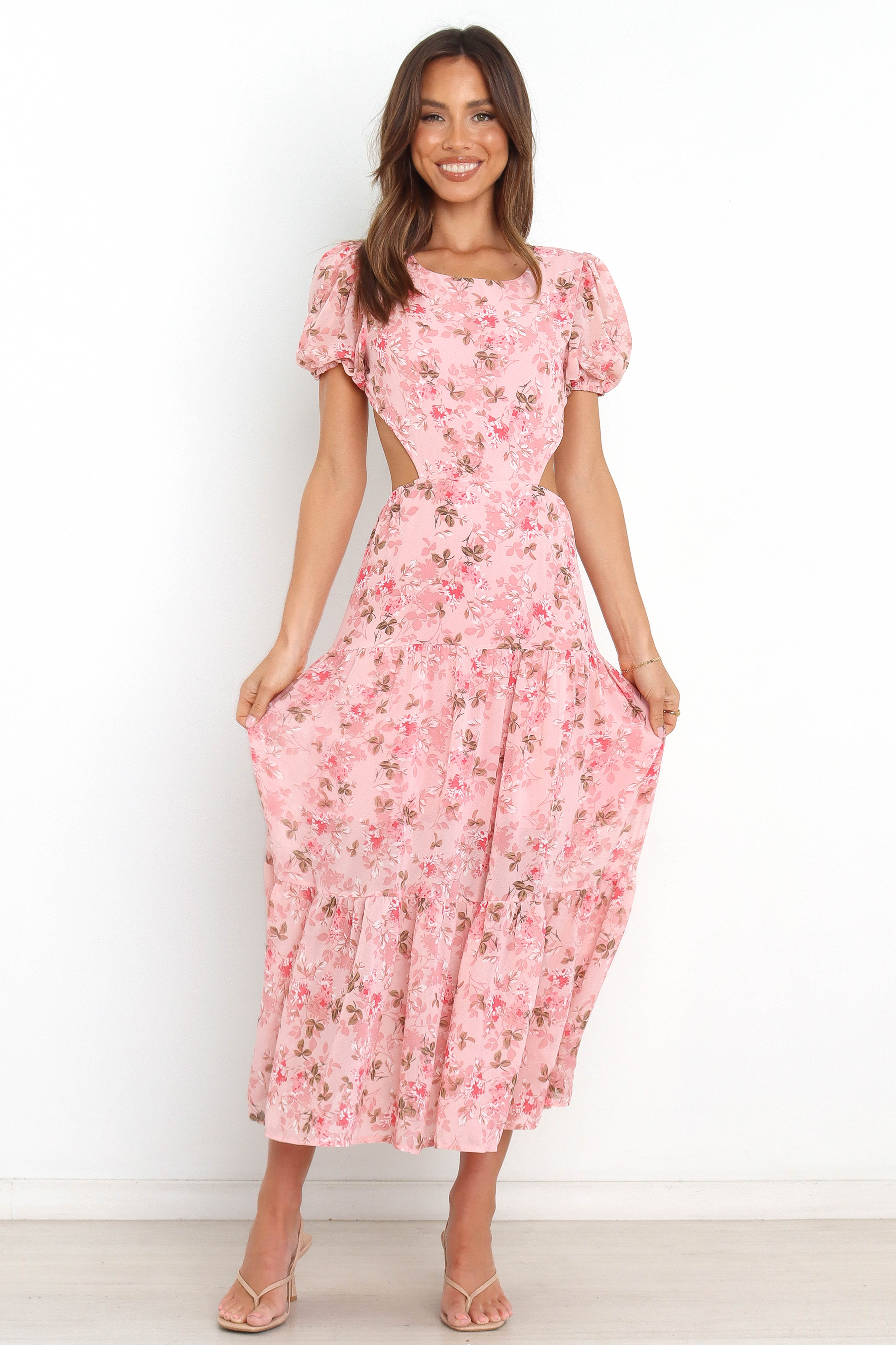 Floral Maxi Dress with Open Back & Side Cutouts – Reece Pink