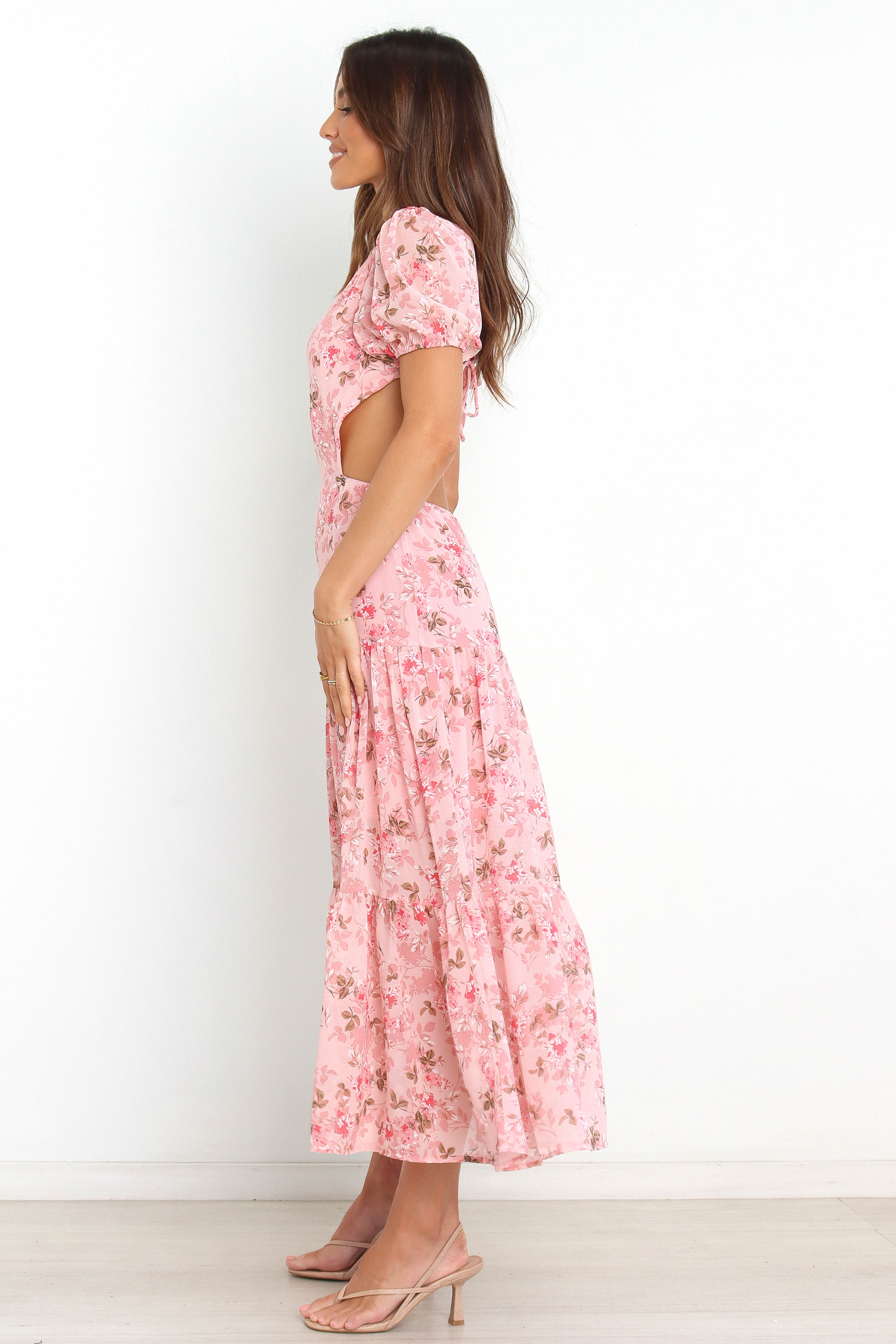 Floral Maxi Dress with Open Back & Side Cutouts – Reece Pink
