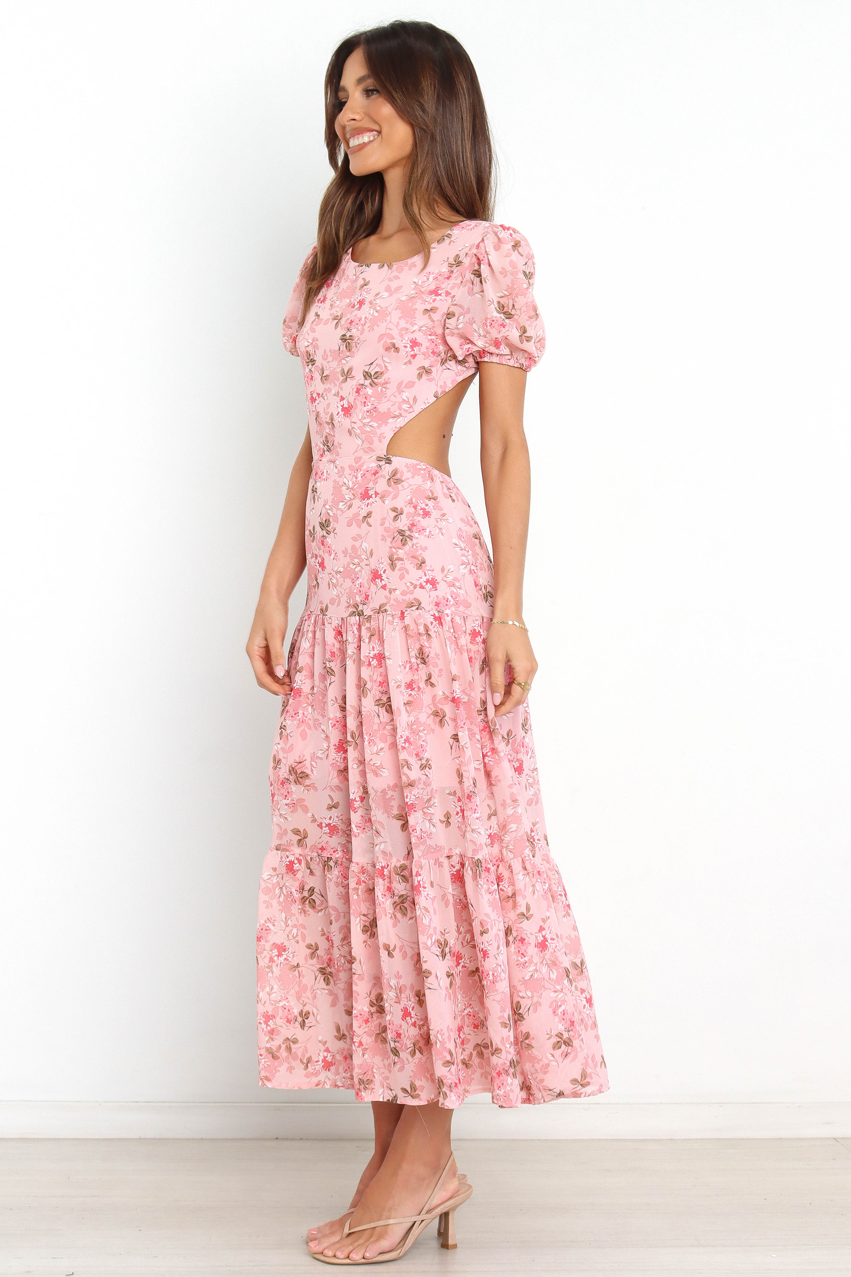 Floral Maxi Dress with Open Back & Side Cutouts – Reece Pink