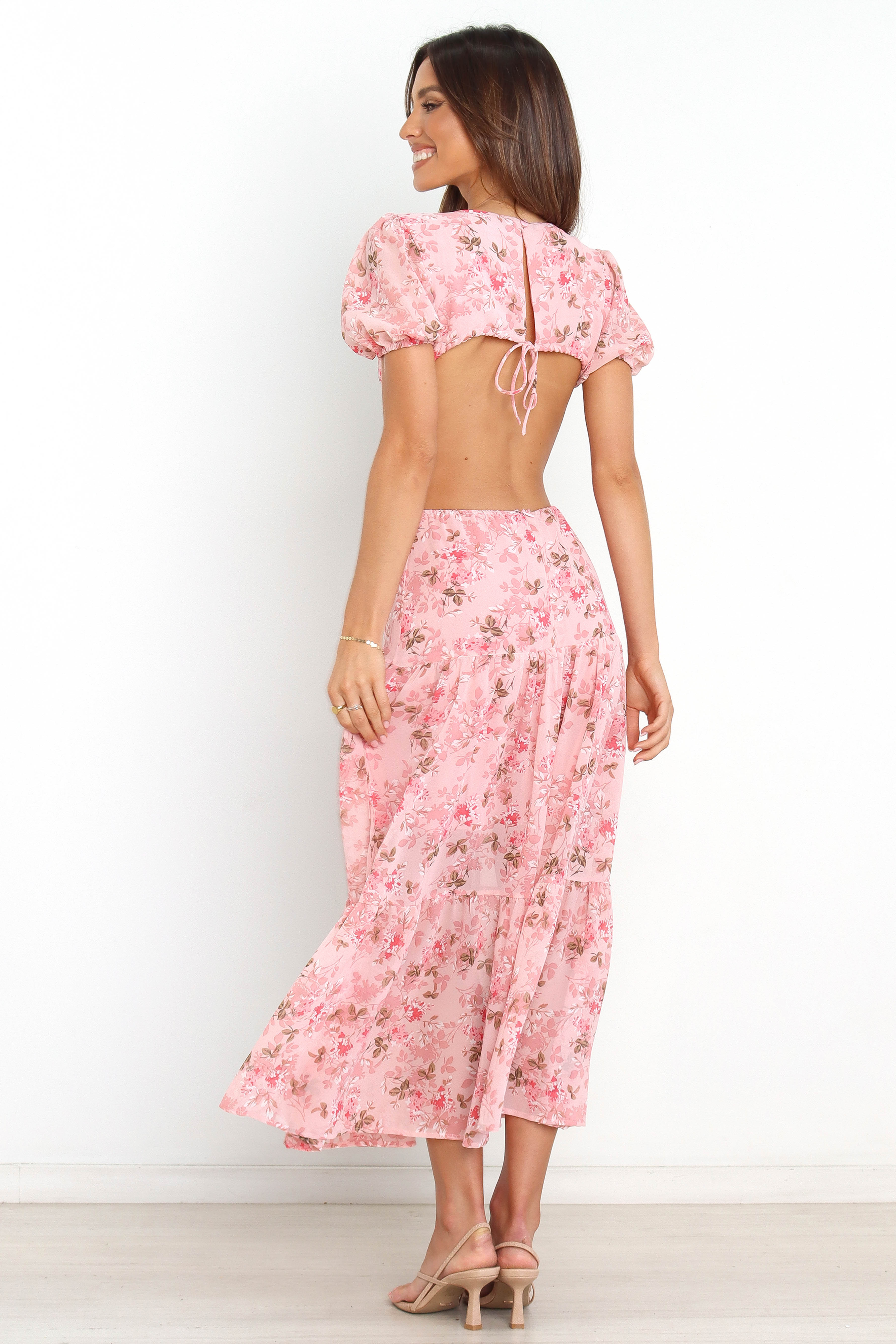 Floral Maxi Dress with Open Back & Side Cutouts – Reece Pink