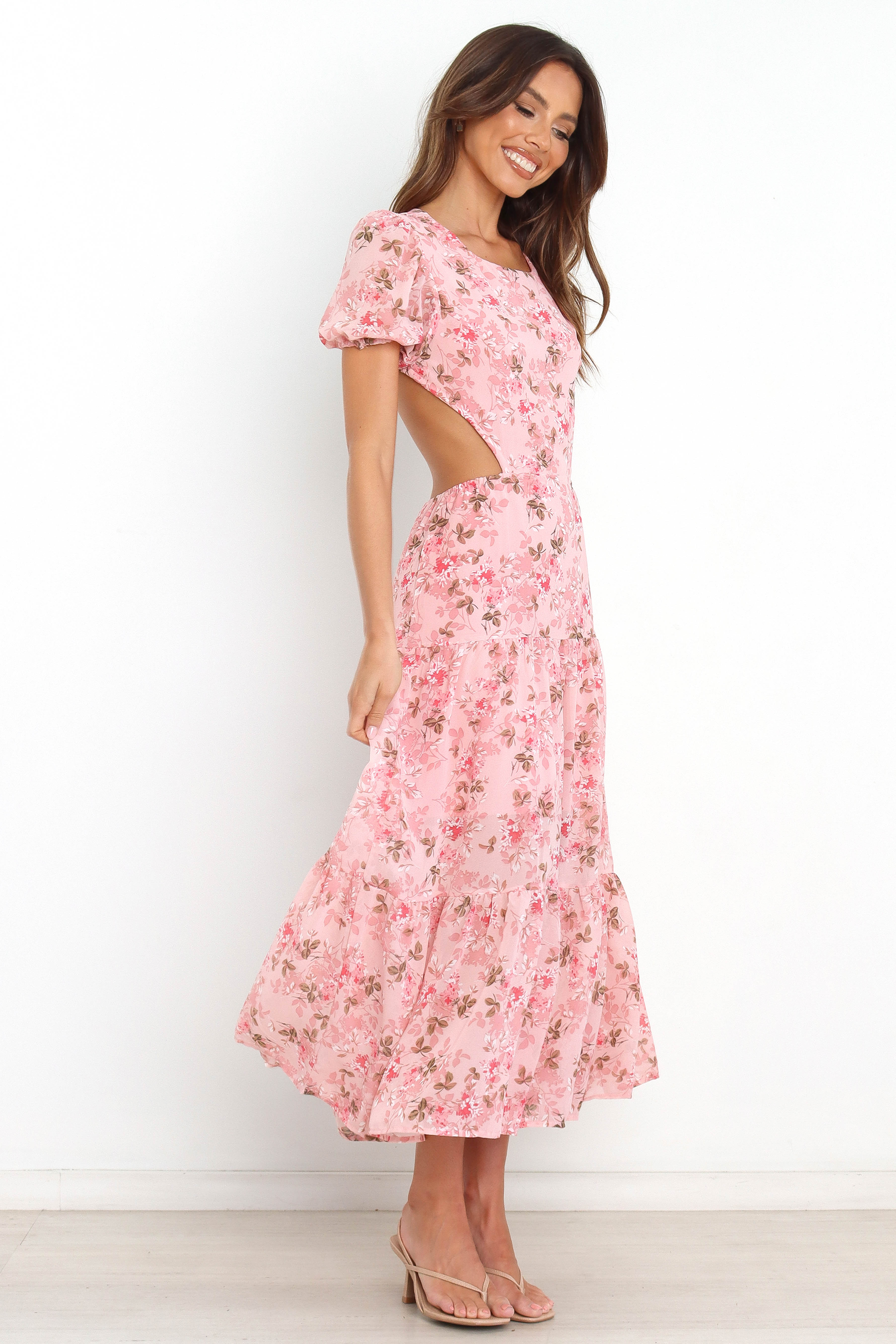 Floral Maxi Dress with Open Back & Side Cutouts – Reece Pink