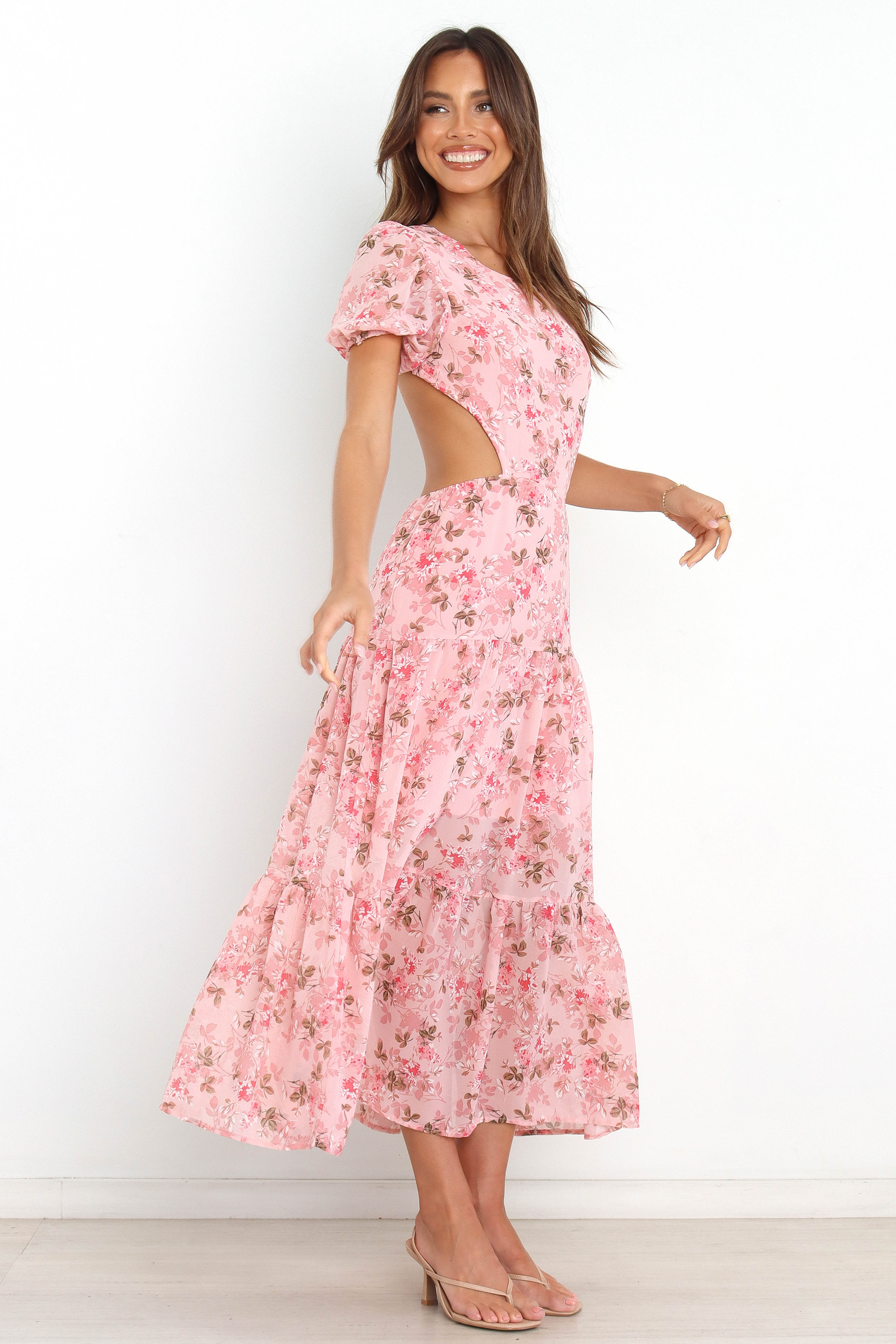 Floral Maxi Dress with Open Back & Side Cutouts – Reece Pink