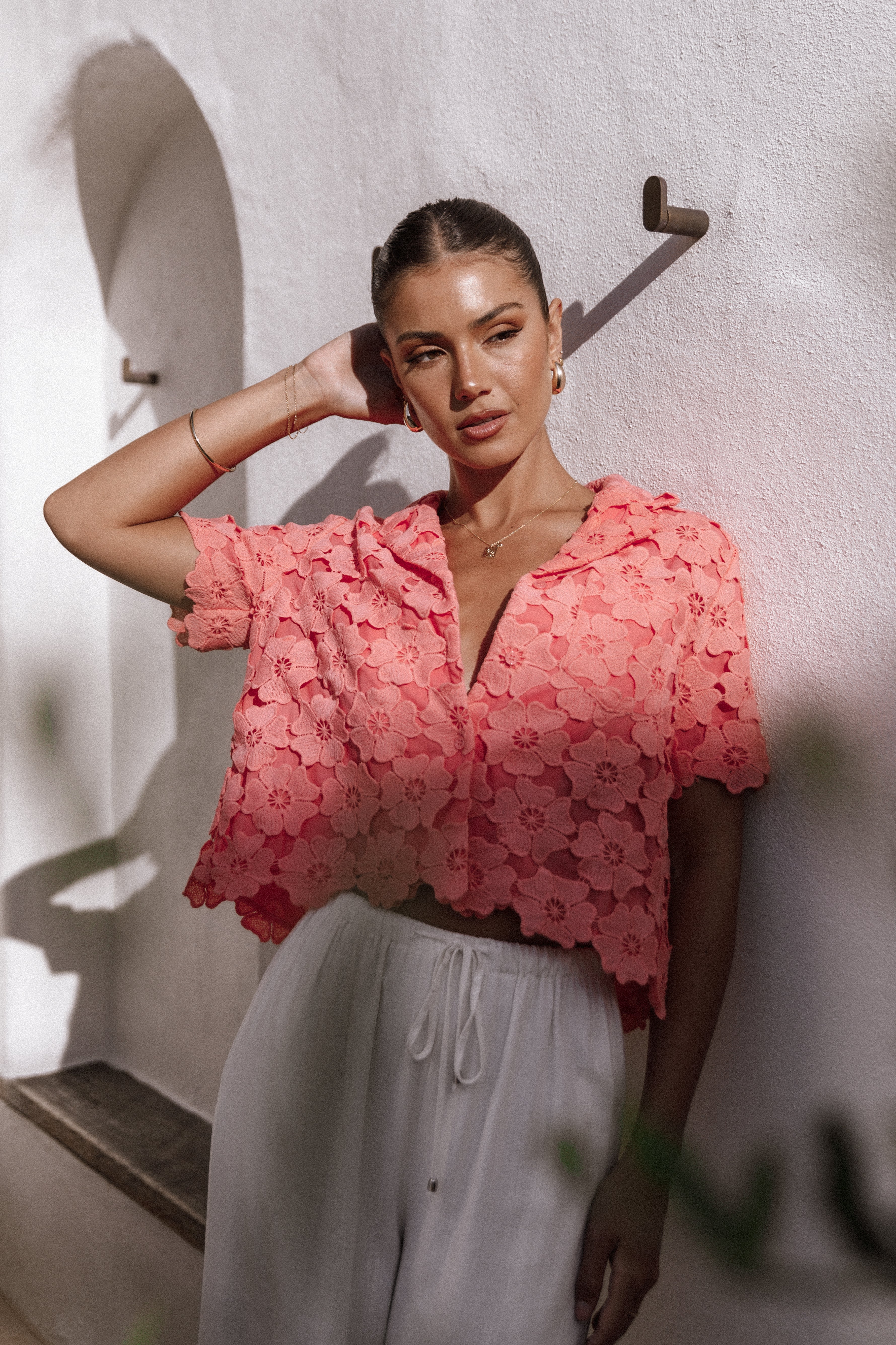 Floral Embroidered Cropped Shirt - Watermelon V-Neck Collared Top