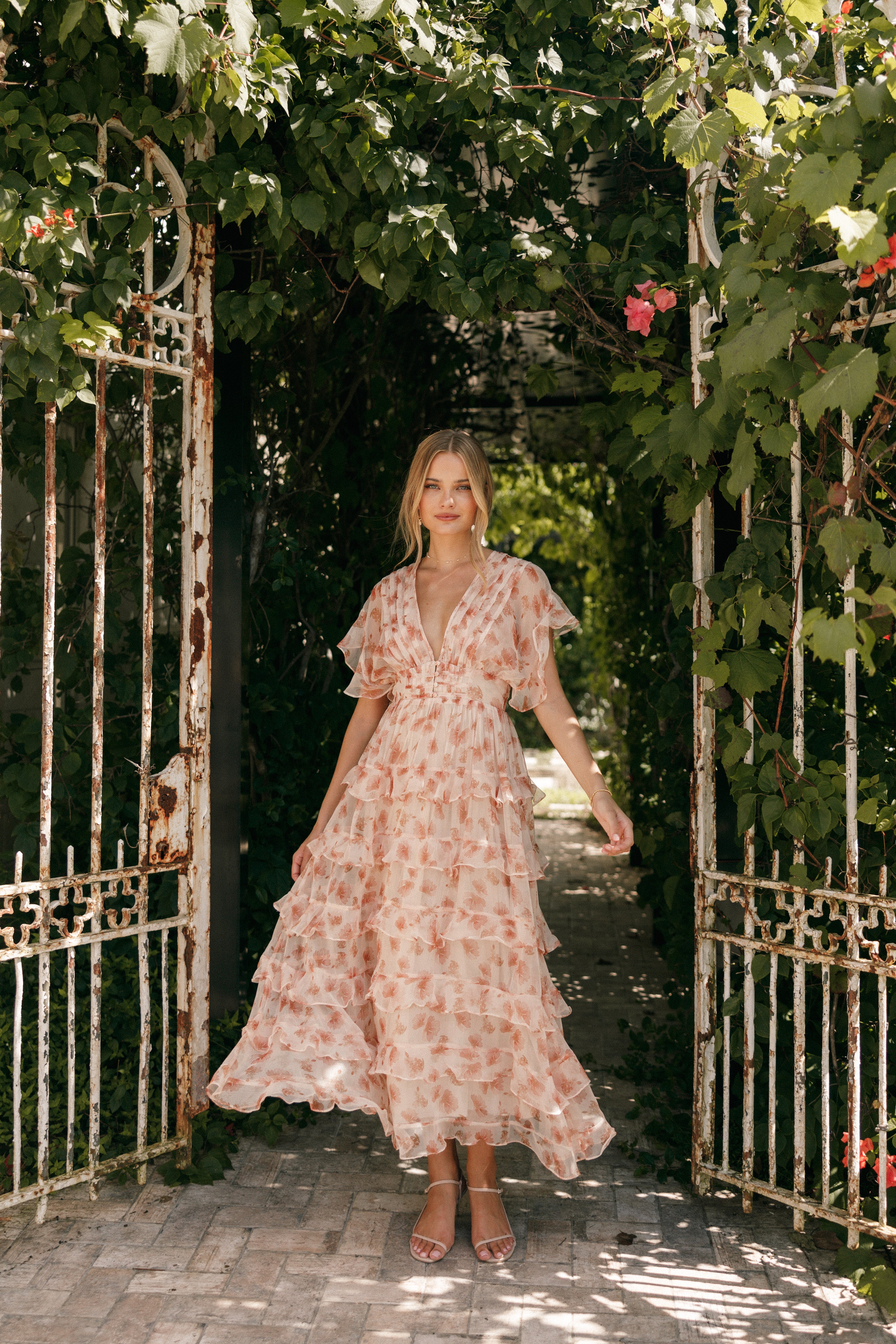 Floral Ruffle Maxi Dress with V Neck & Tiered Skirt - Dark Peach