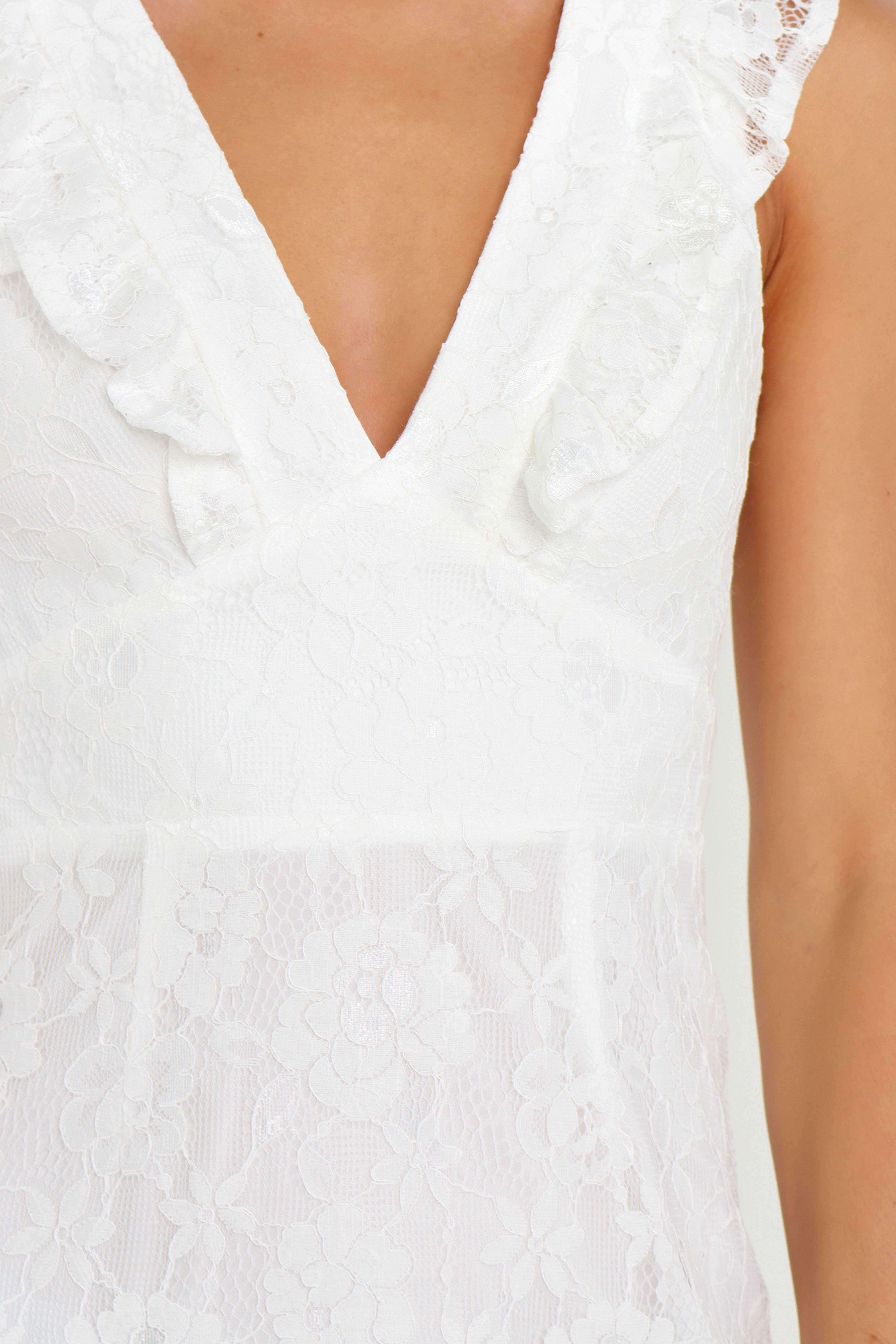 White V-Neck Lace Overlay Dress with Back Tie - Karley